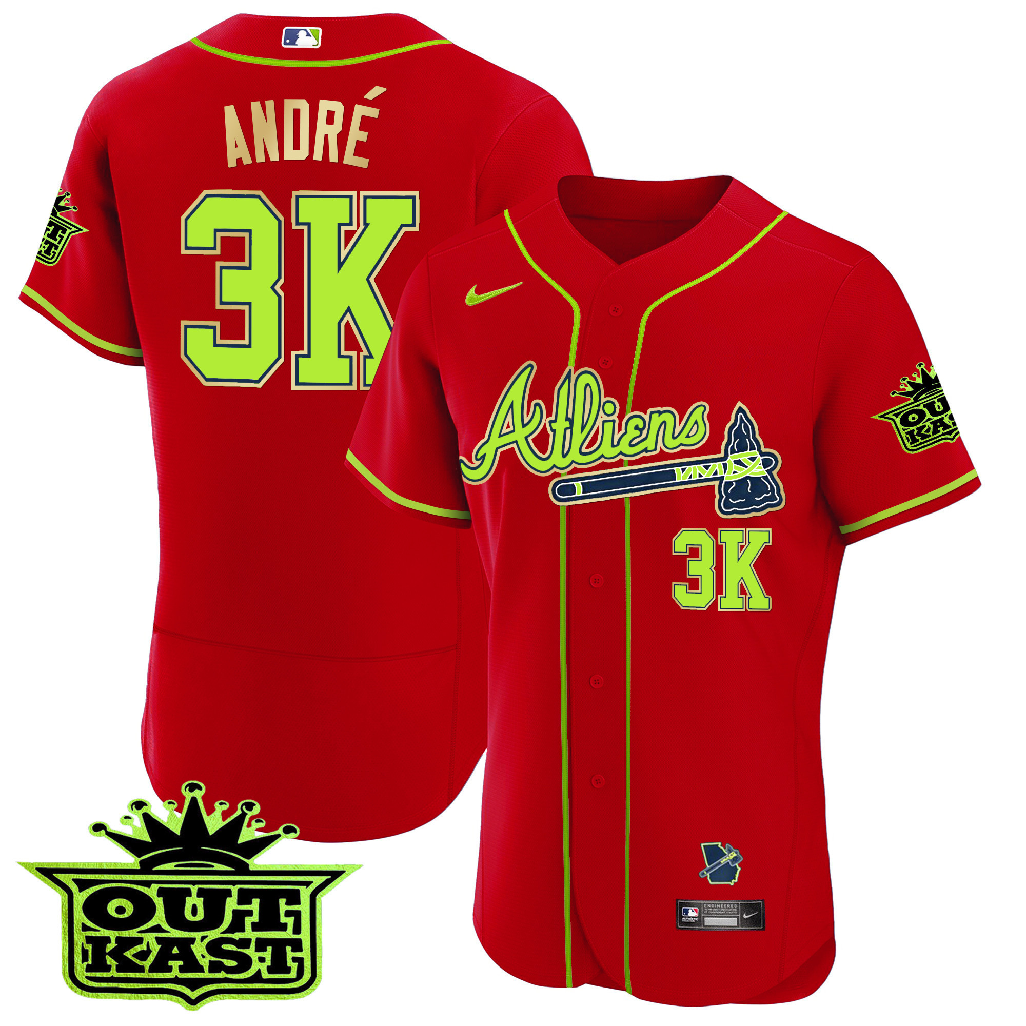 André Men's Atlanta Braves Atliens Flex Base Gold Trim Red Jersey - All Stitched