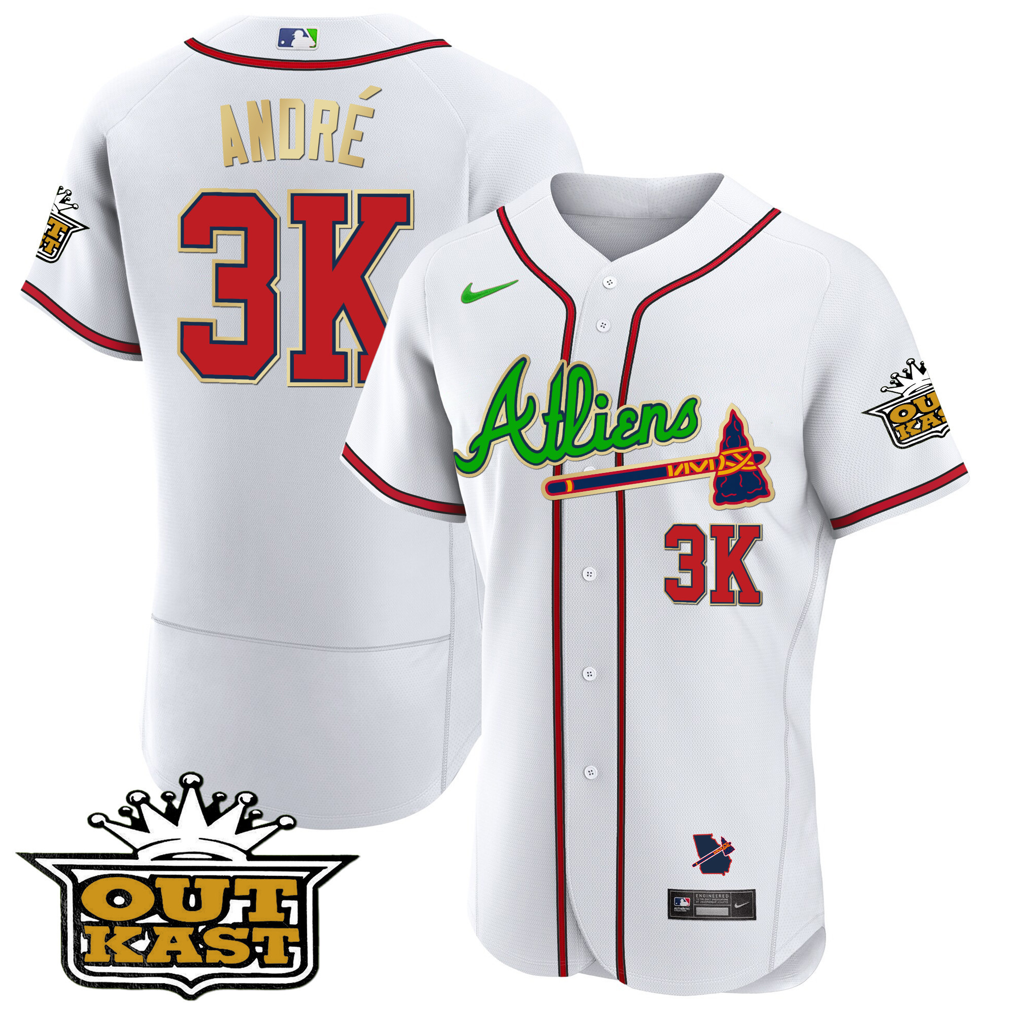 André Men's Atlanta Braves Atliens Flex Base Gold Trim White Jersey - All Stitched