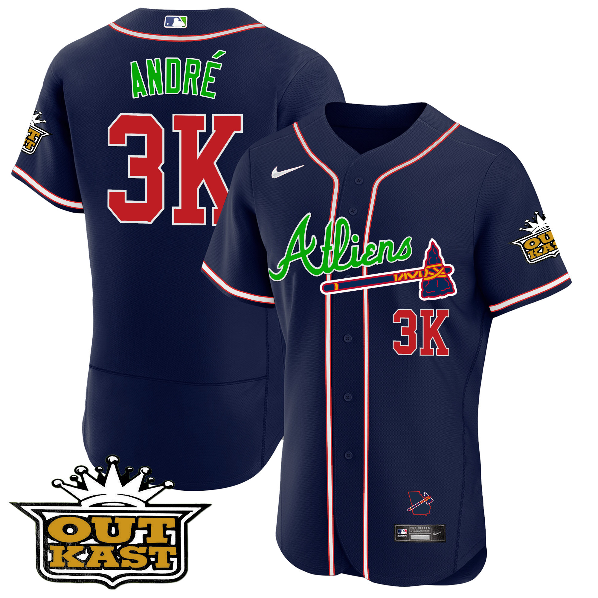 André Men's Atlanta Braves Atliens Flex Base V4 Navy Jersey - All Stitched