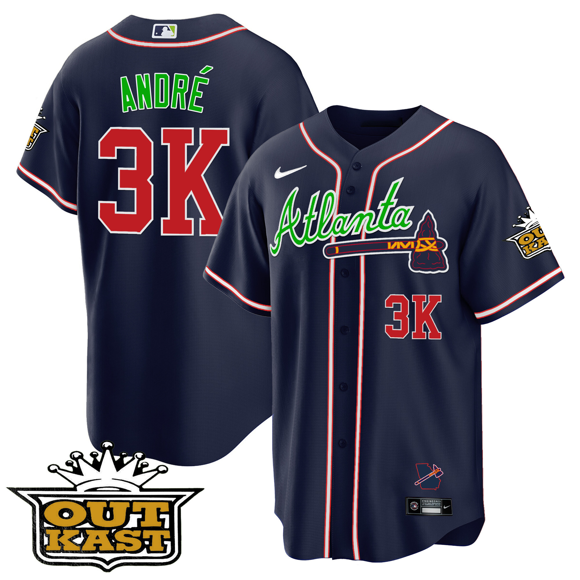 André Men's Atlanta Braves Outkast Cool Base V3 Navy Jersey - All Stitched