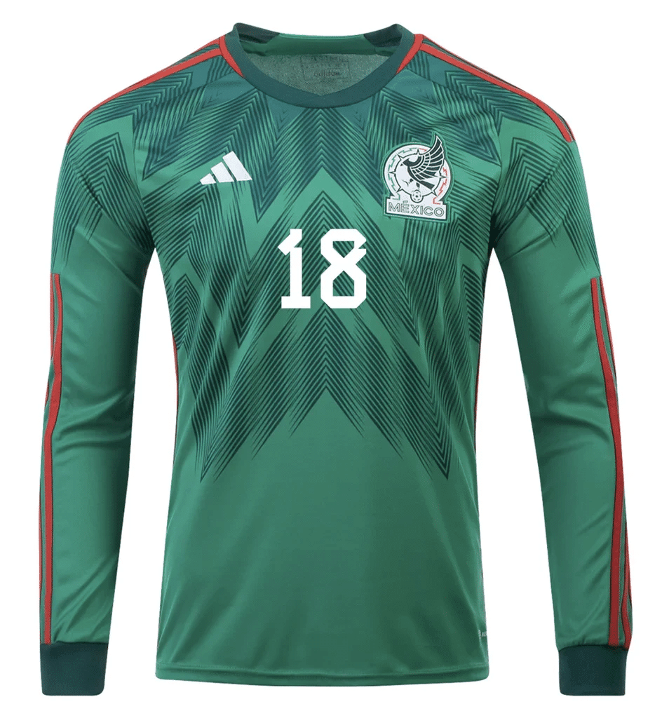 Andrés Guardado 18 Mexico 2022-23 Qatar World Cup Home Long Sleeve Soccer Jersey, Men