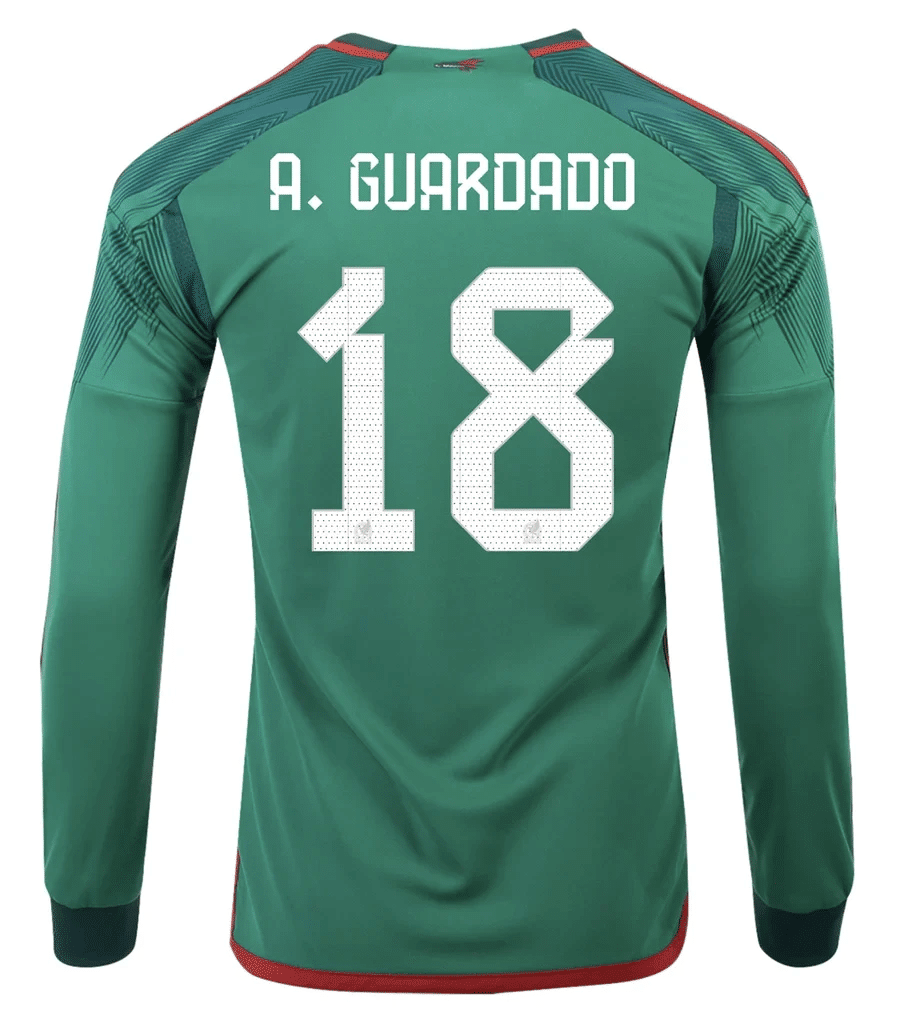 Andrés Guardado 18 Mexico 2022-23 Qatar World Cup Home Long Sleeve Soccer Jersey, Men