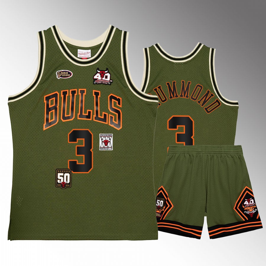 Andre Drummond #3 Chicago Bulls Military Flight patchs Green Shorts Set Jersey