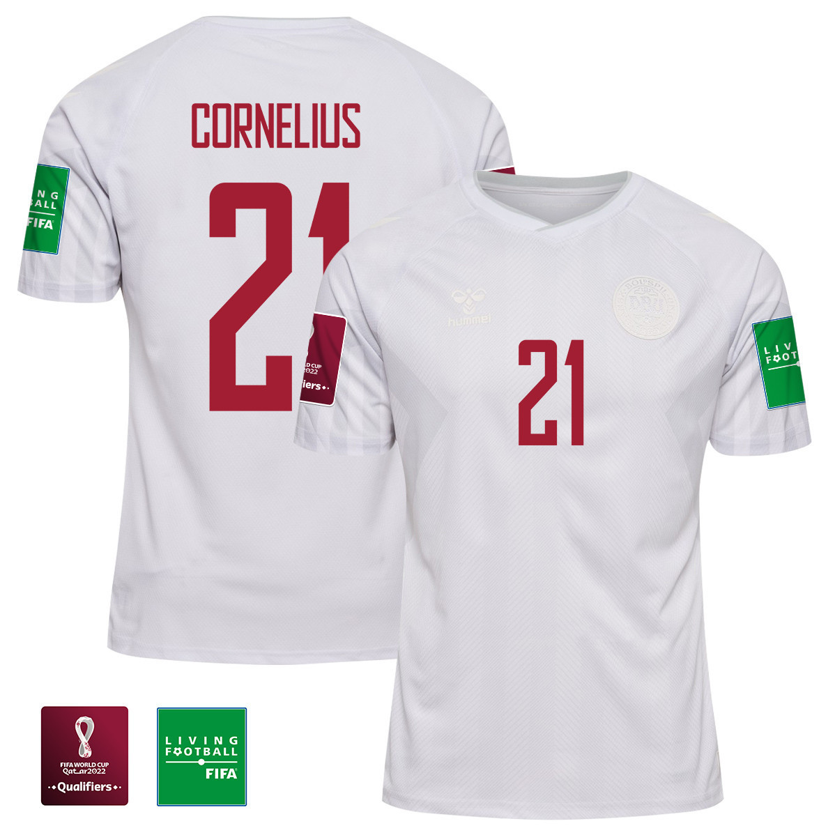 Andreas Cornelius 21 Denmark National Team FIFA World Cup Qatar 2022 Patch Away Soccer Jersey, Men