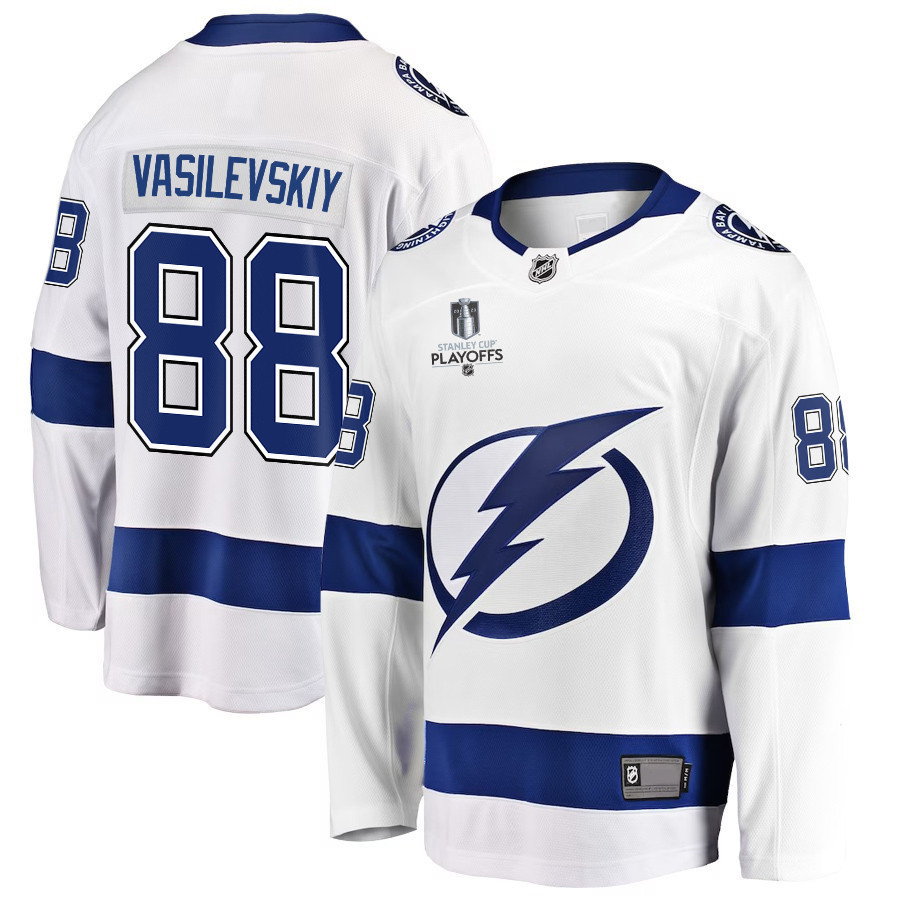Andrei Vasilevskiy 88 Tampa Bay Lightning Stanley Cup 2023 Playoffs Patch Away Breakaway Men Stitched Jersey – White