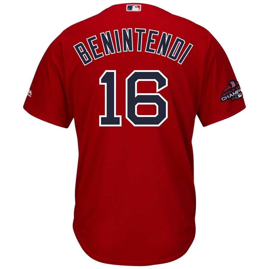 Andrew Benintendi Boston Red Sox Majestic 2018 World Series Champions Team Logo Player Stitched Jersey – Scarlet