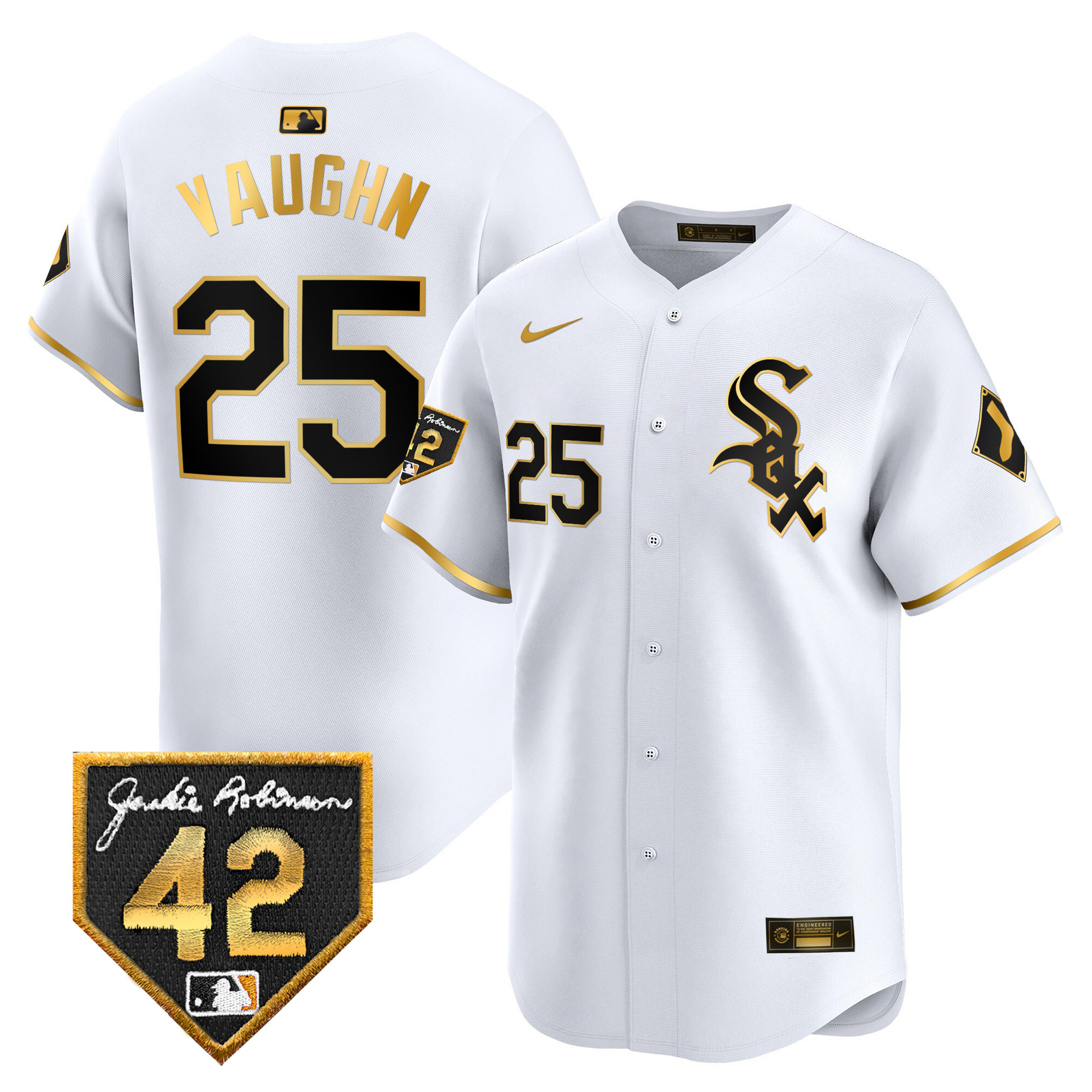 Andrew Vaughn Men's Chicago White Sox 2024 Jackie Robinson Patch Vapor Premier Limited White Gold Jersey - All Stitched