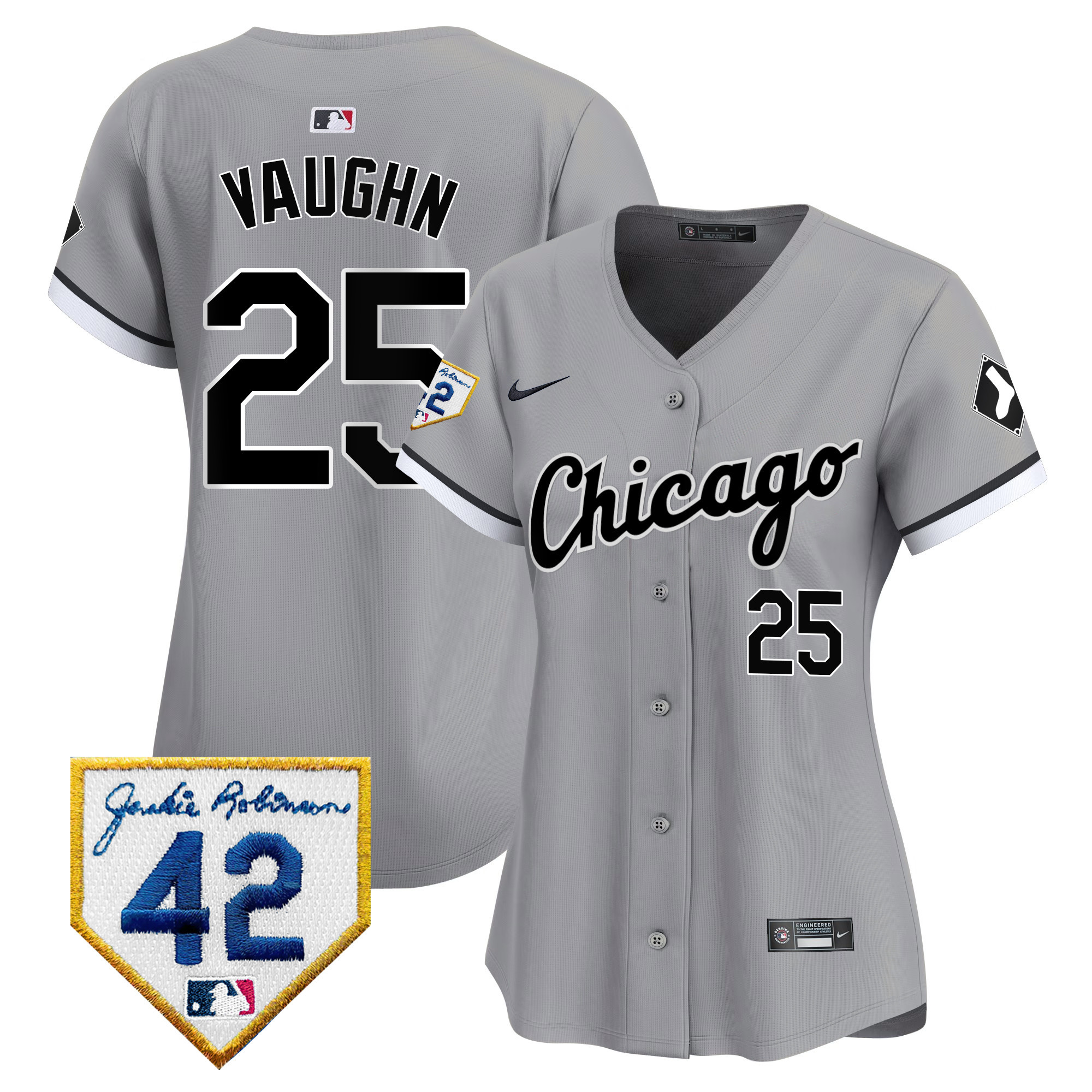 Andrew Vaughn Women's Chicago White Sox 2024 Jackie Robinson Patch Vapor Premier Limited Gray Jersey - All Stitched