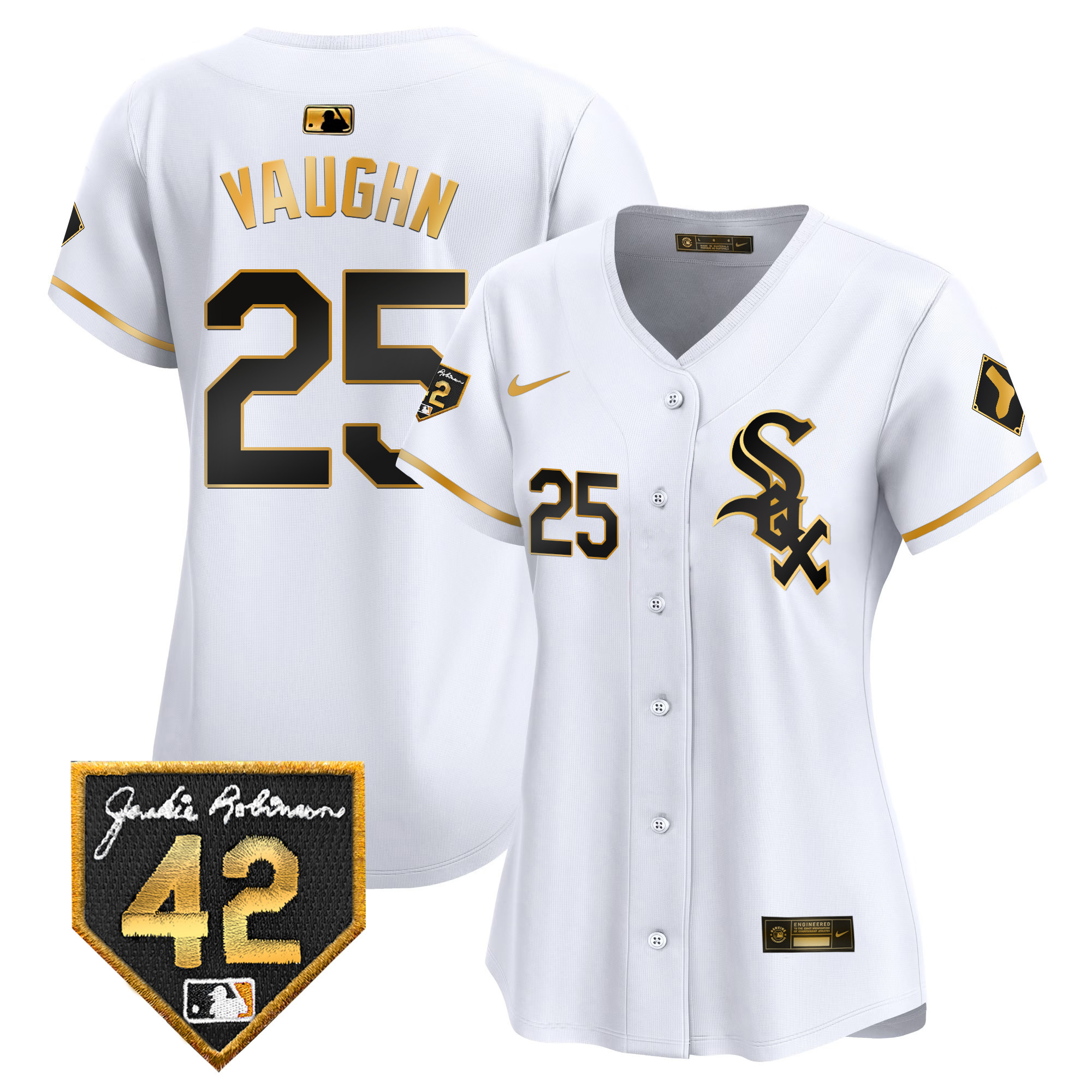 Andrew Vaughn Women's Chicago White Sox 2024 Jackie Robinson Patch Vapor Premier Limited White Gold Jersey - All Stitched