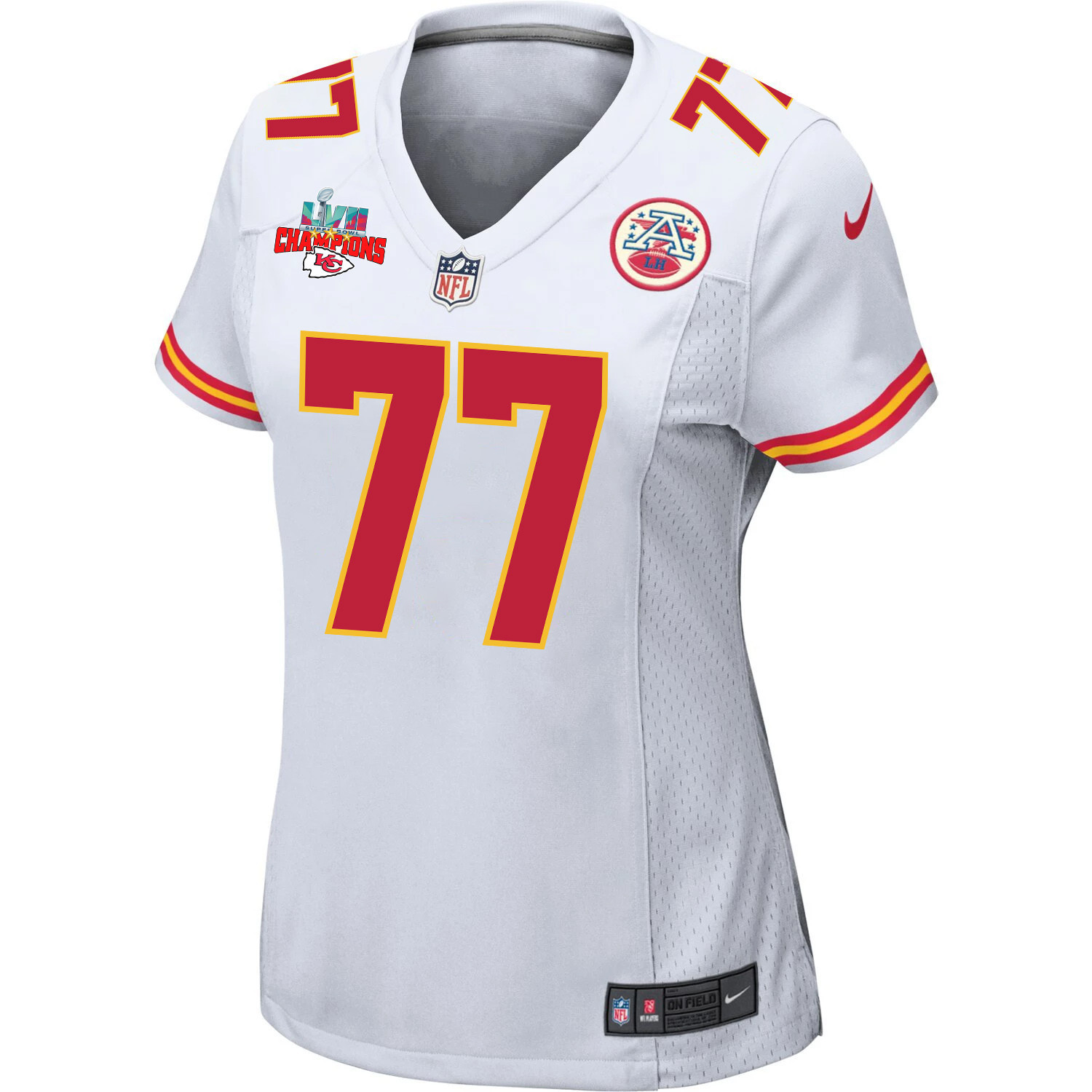 Andrew Wylie 77 Kansas City Chiefs Super Bowl LVII Champions 3 Stars Women Game Stitched Jersey – White