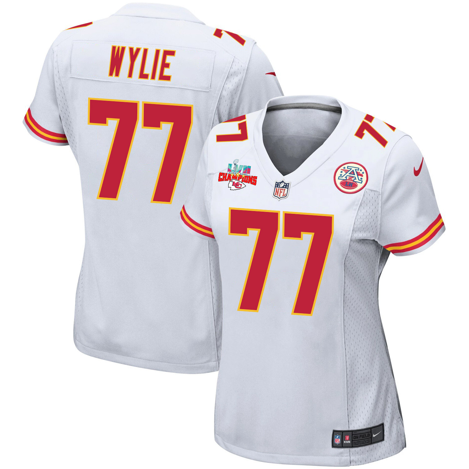 Andrew Wylie 77 Kansas City Chiefs Super Bowl LVII Champions 3 Stars Women Game Stitched Jersey – White