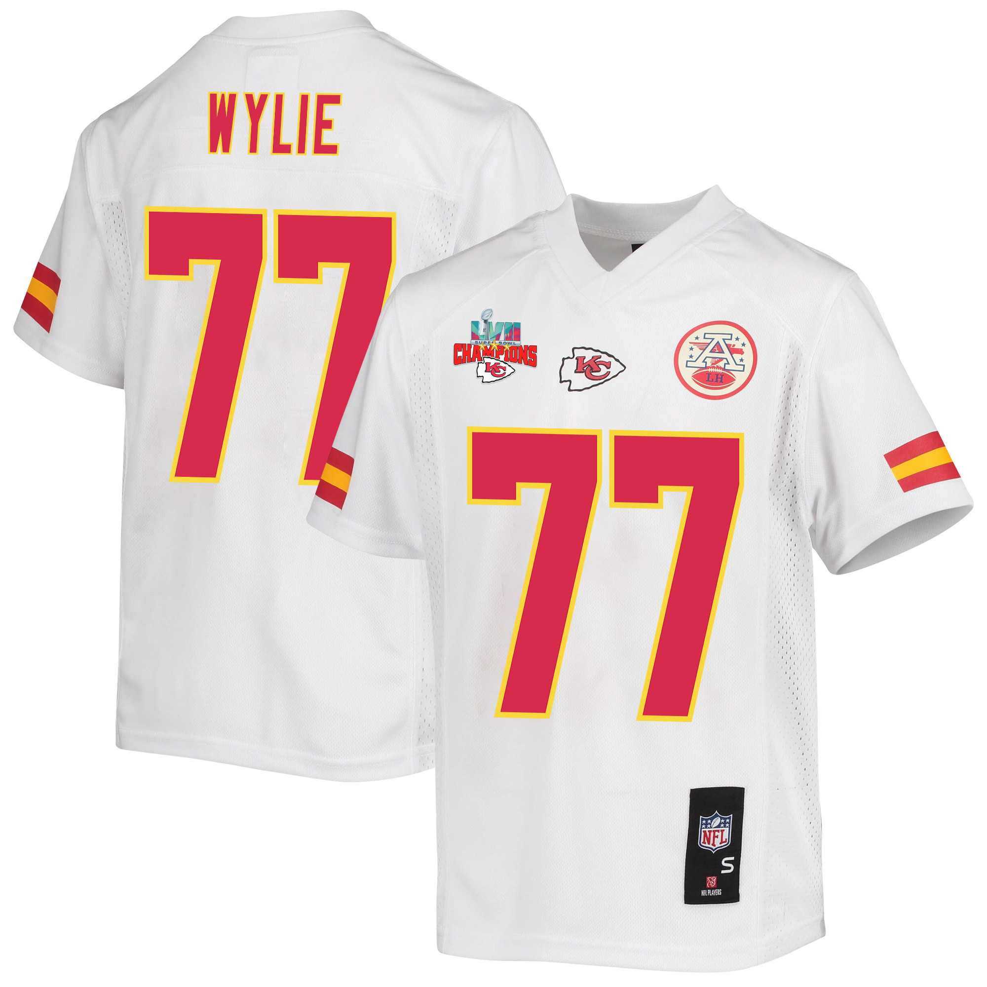 Andrew Wylie 77 Kansas City Chiefs Super Bowl LVII Champions 3 Stars Youth Game Stitched Jersey – White