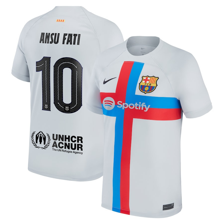 Ansu Fati 10 Barcelona 2022/23 Third Breathe Stadium Player Men Soccer Jersey – Gray