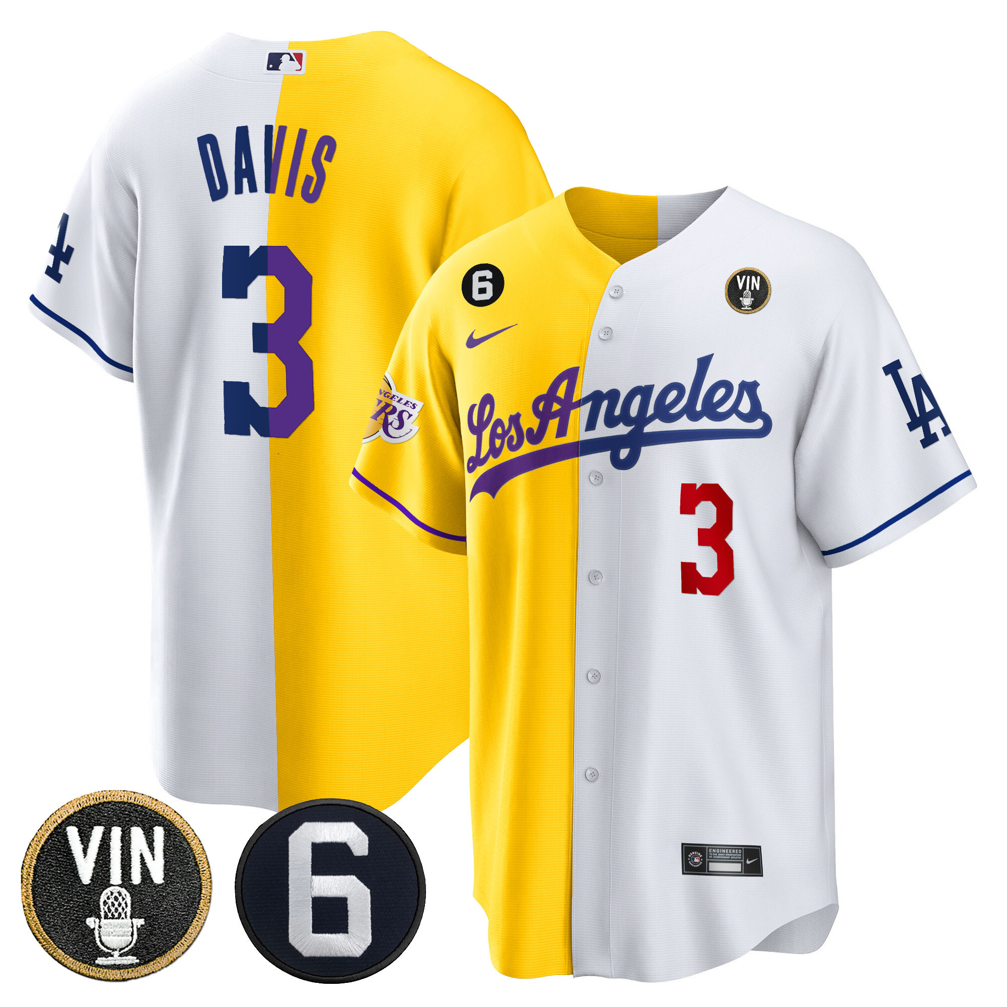 Anthony Davis Men's Split Los Angeles Dodgers - Lakers Cool Base Gold White Jersey - All Stitched