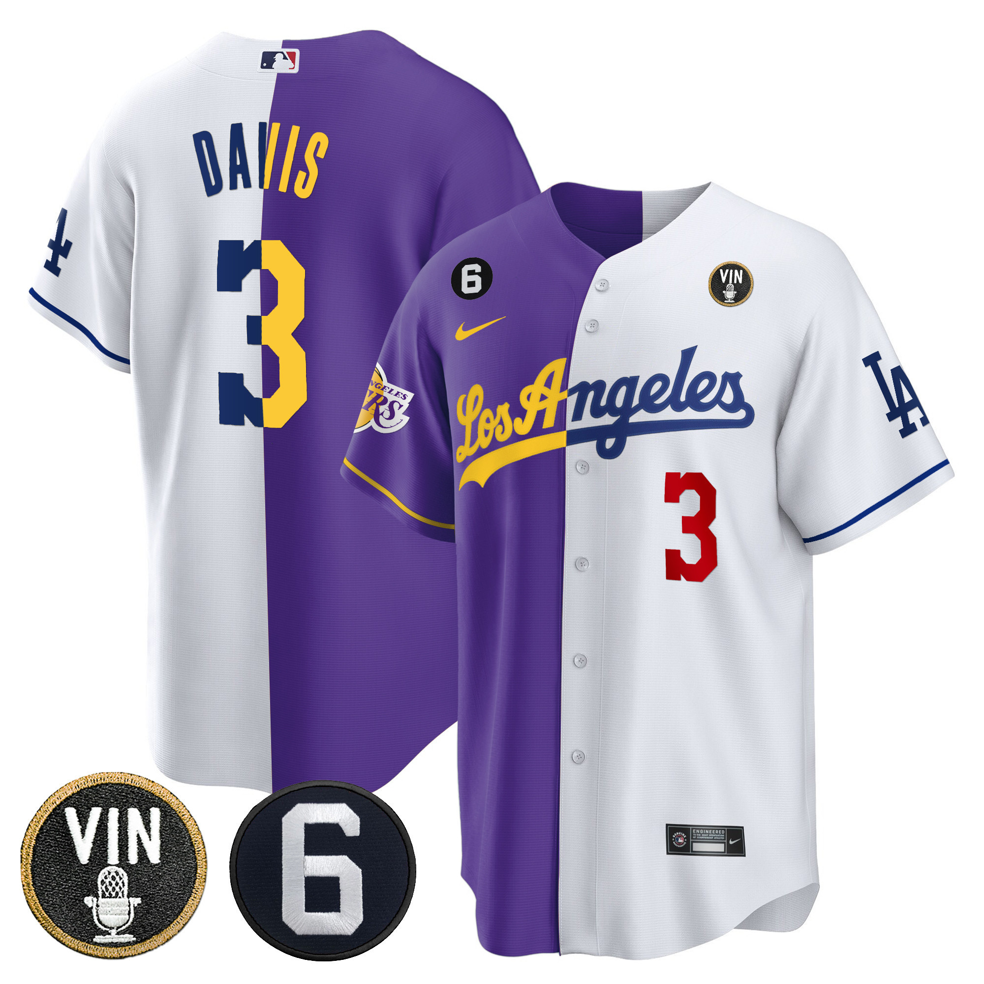 Anthony Davis Men's Split Los Angeles Dodgers - Lakers Cool Base Purple White Jersey - All Stitched