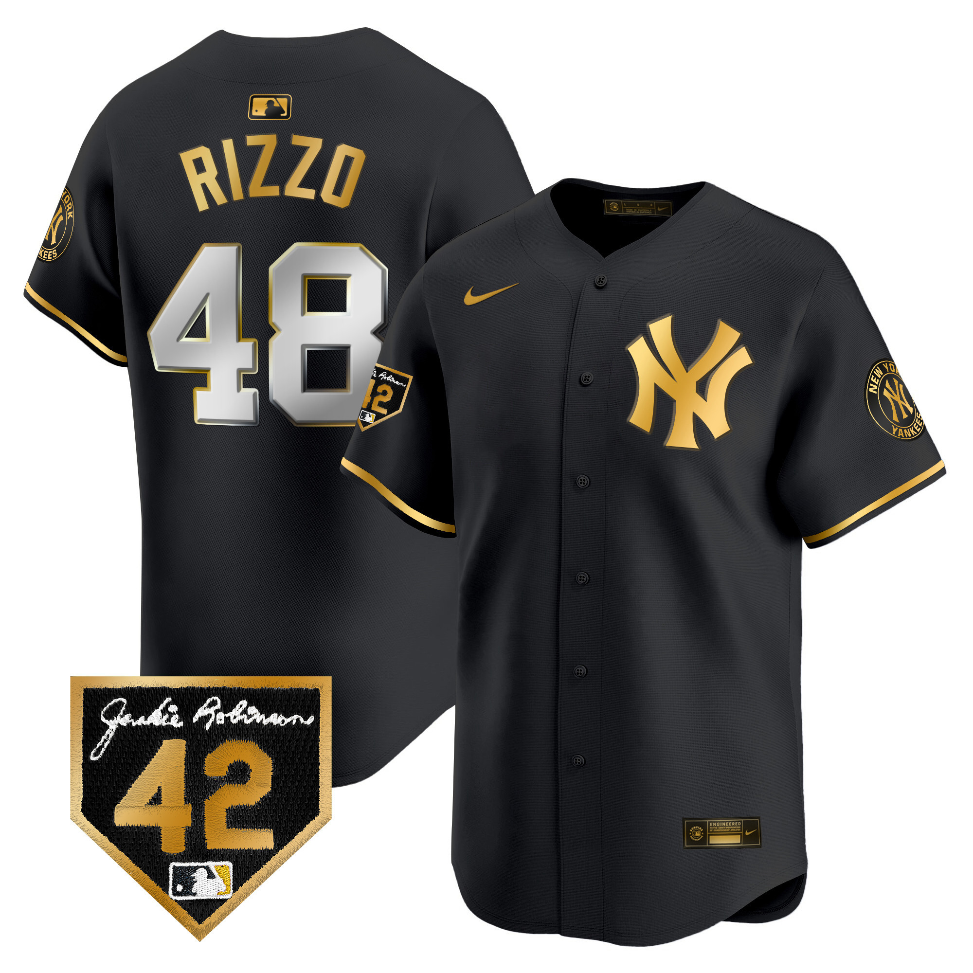 Anthony Rizzo Men's New York Yankees 2024 Jackie Robinson Patch Vapor Premier Limited Black Gold Jersey - All Stitched