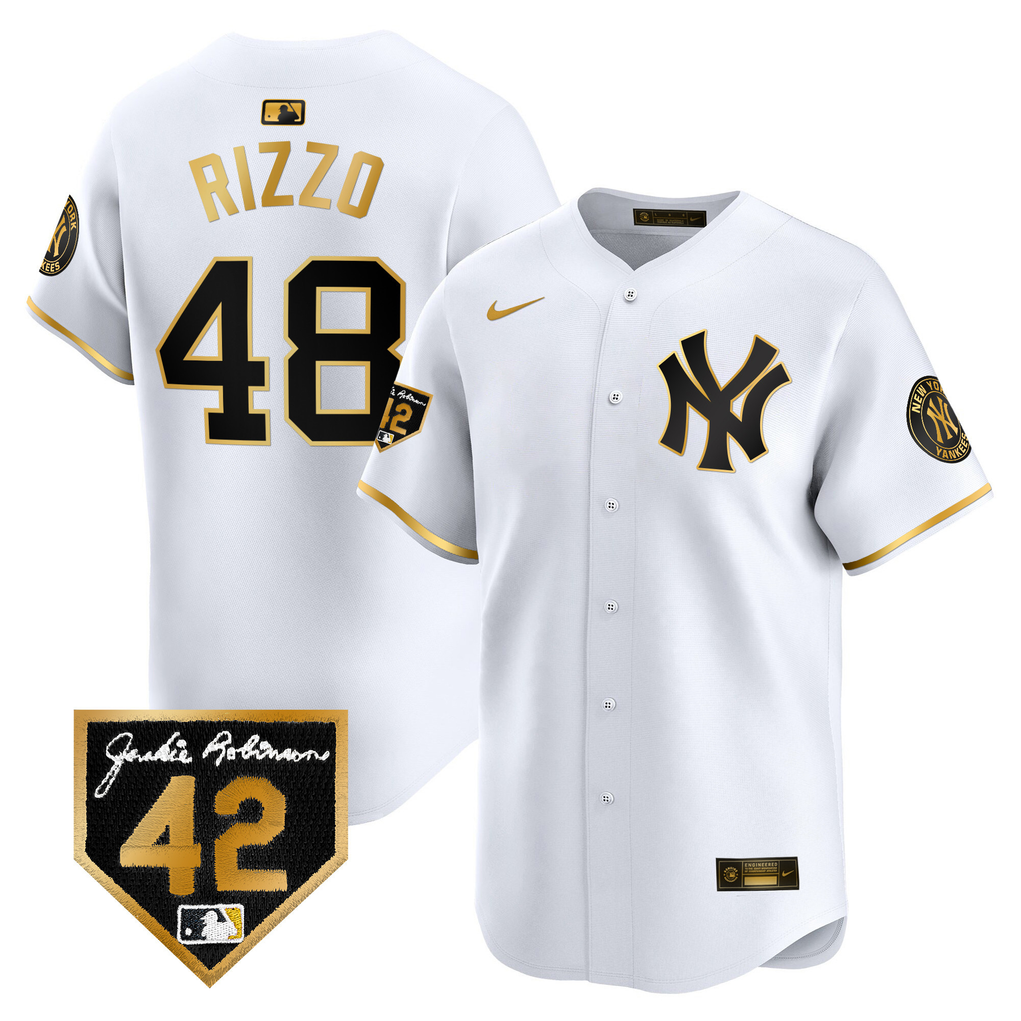 Anthony Rizzo Men's New York Yankees 2024 Jackie Robinson Patch Vapor Premier Limited White Gold Jersey - All Stitched