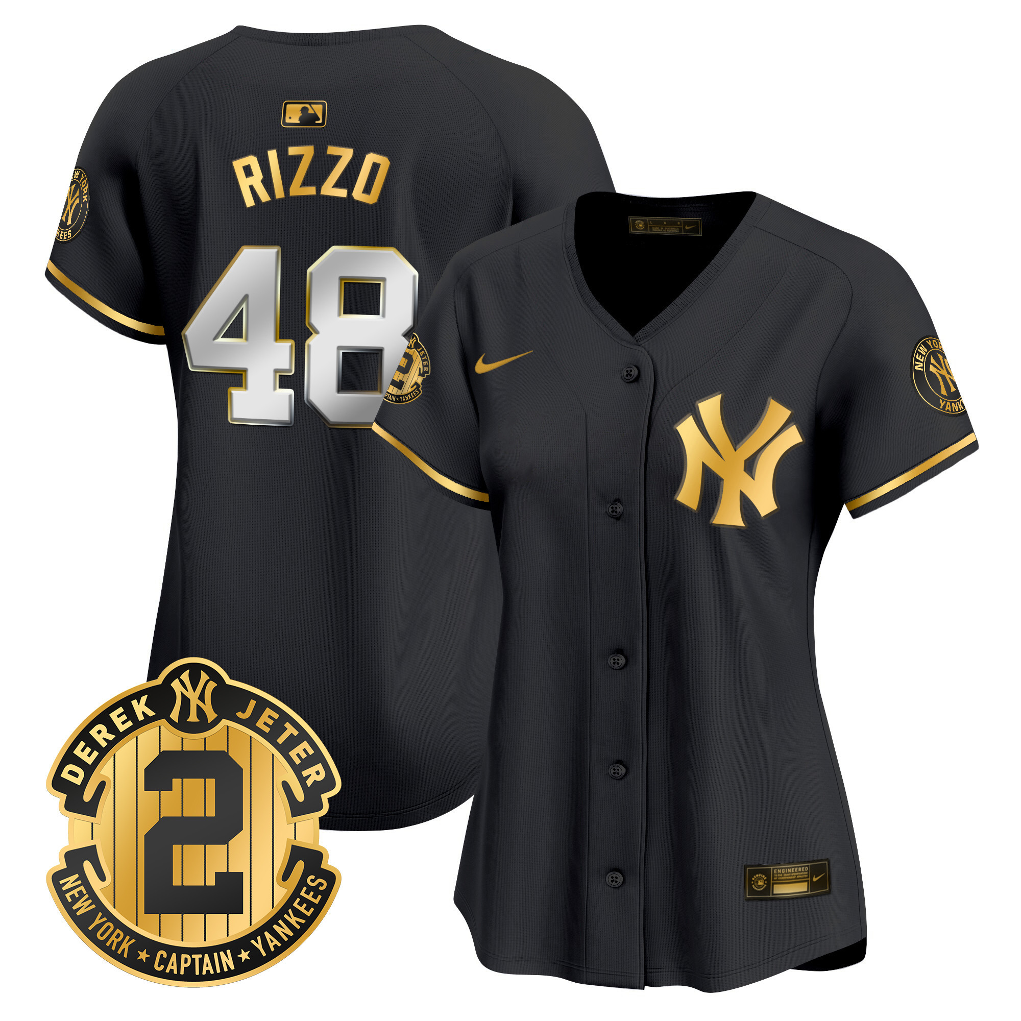Anthony Rizzo Women's New York Yankees Derek Jeter Patch Vapor Premier Limited Black Gold Jersey - All Stitched