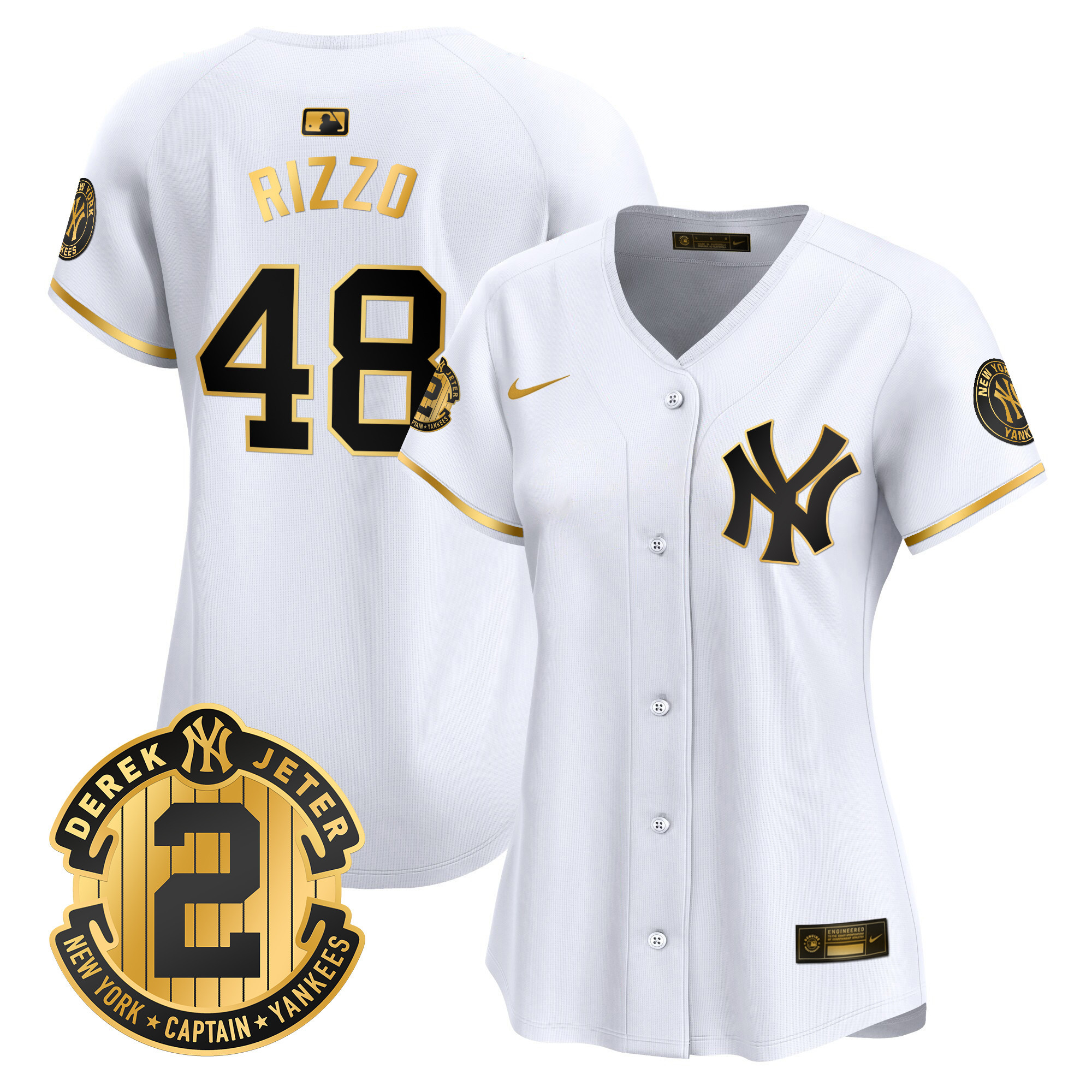 Anthony Rizzo Women's New York Yankees Derek Jeter Patch Vapor Premier Limited White Gold Jersey - All Stitched