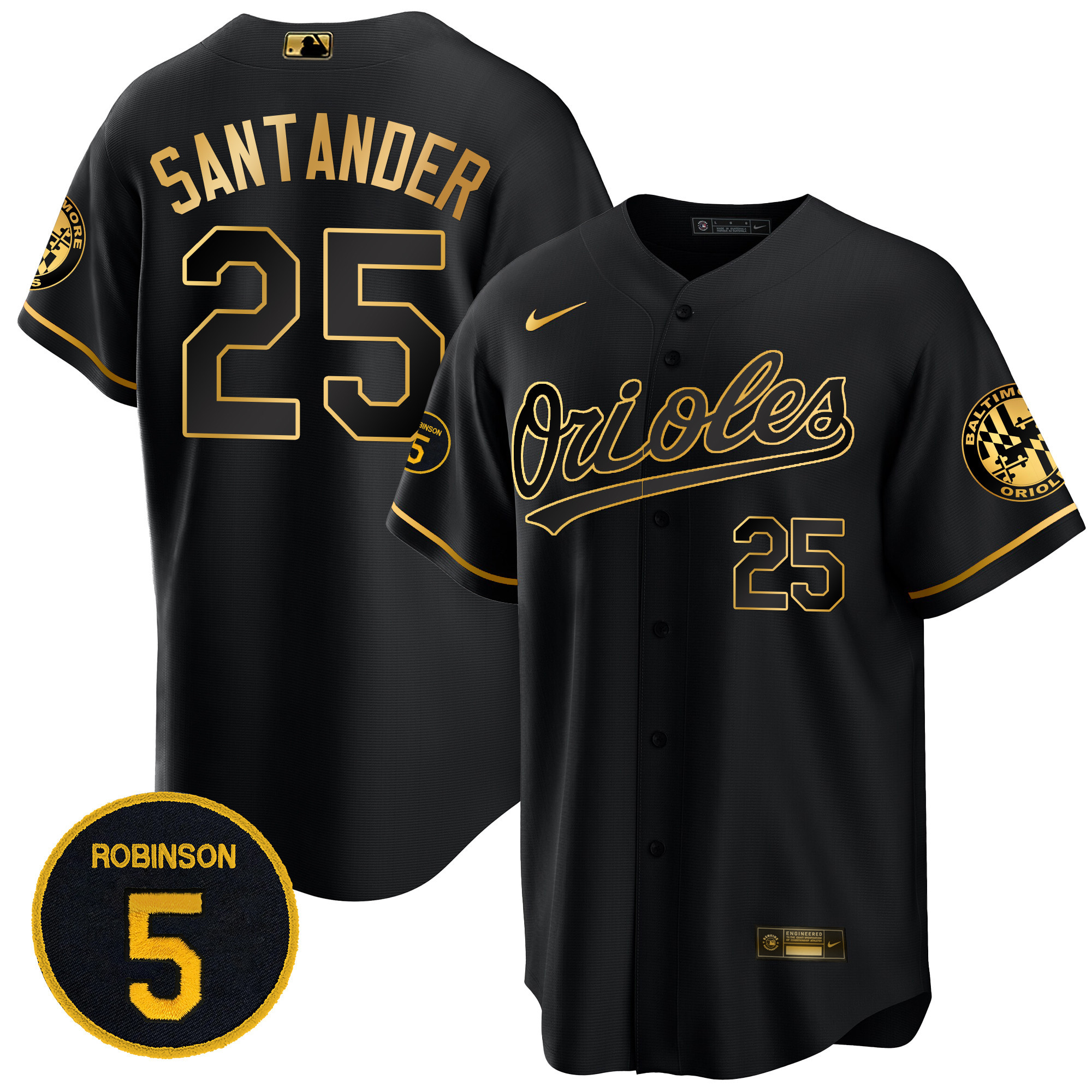 Anthony Santander Men’s Baltimore Orioles Robinson Patch Cool Base Black Gold Jersey - All Stitched