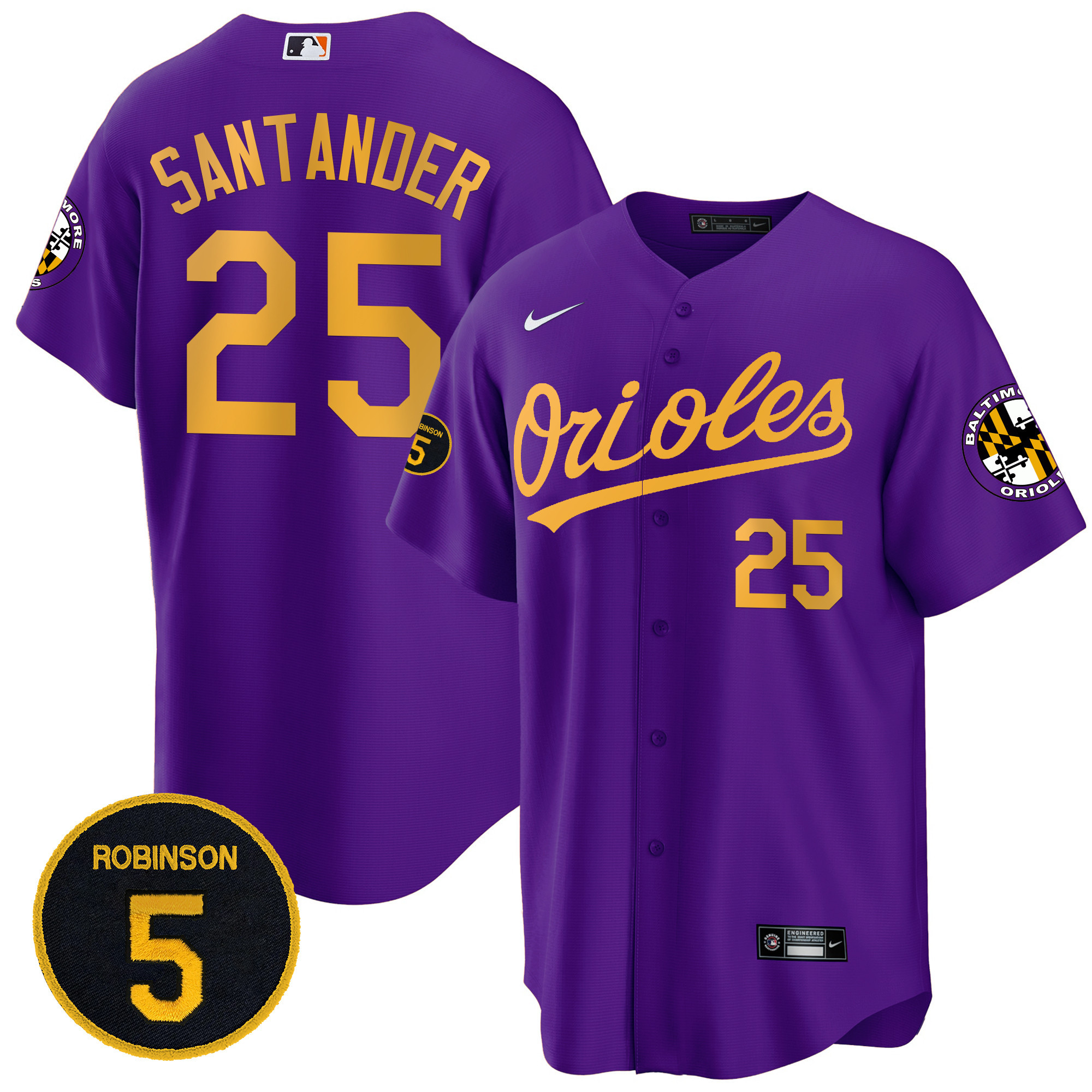 Anthony Santander Men’s Baltimore Orioles Robinson Patch Cool Base Purple Gold Jersey - All Stitched