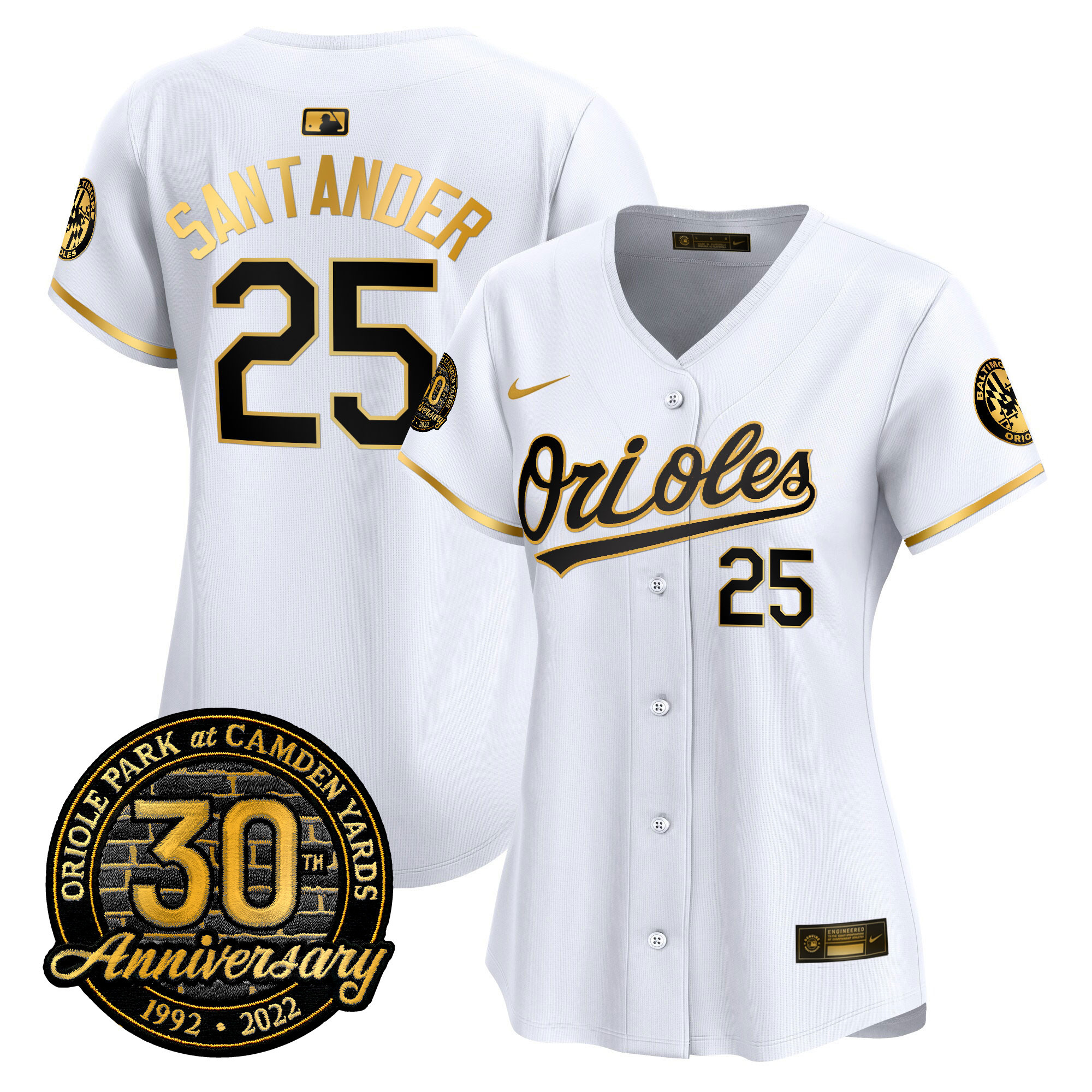Anthony Santander Women’s Baltimore Orioles Camden Yards 30th Anniversary Patch Vapor Premier Limited White Gold Jersey - All Stitched