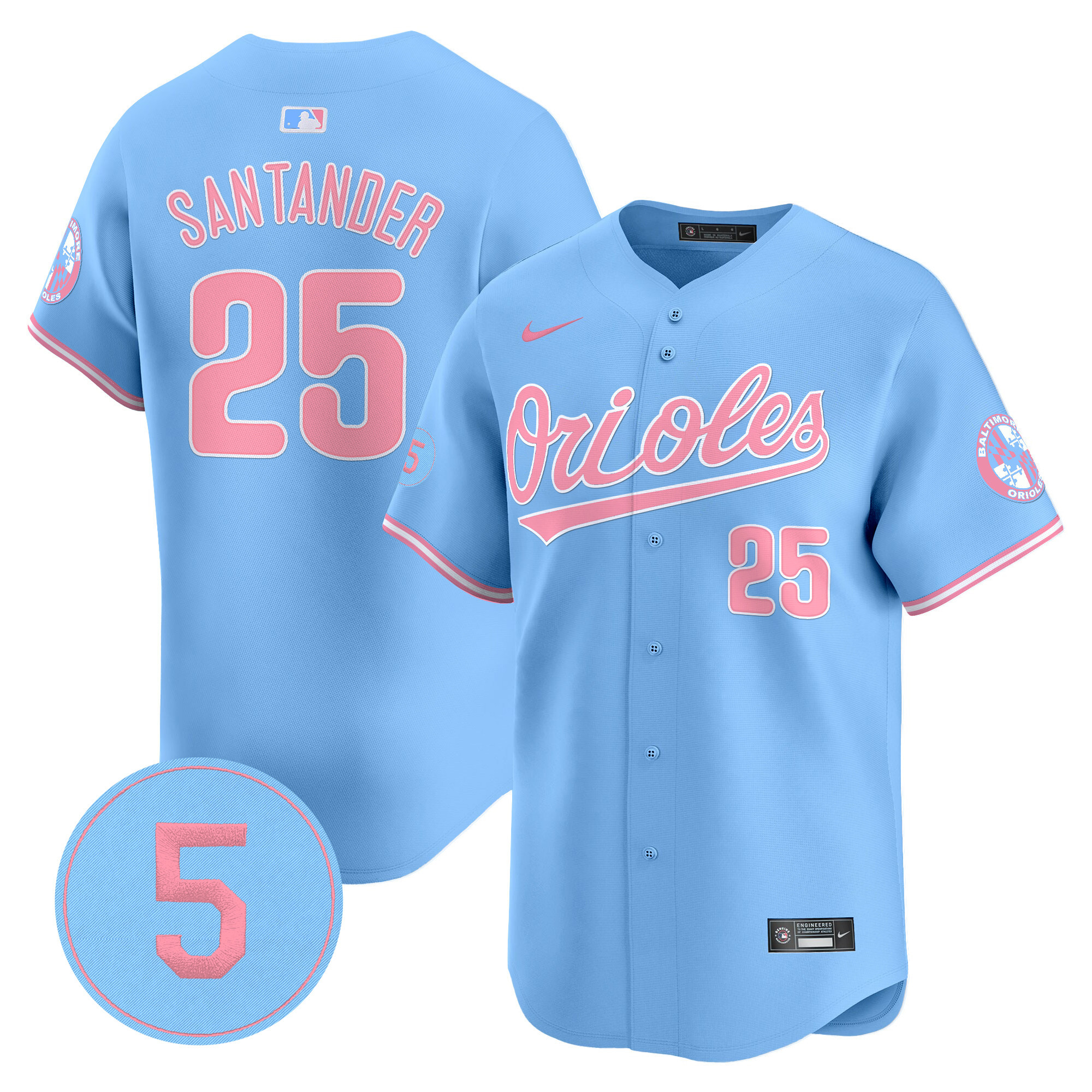 Anthony SantanderUnisex Baltimore Orioles Bubblegum Pink Robinson Patch Vapor Premier Limited Light Blue Jersey - All Stitched
