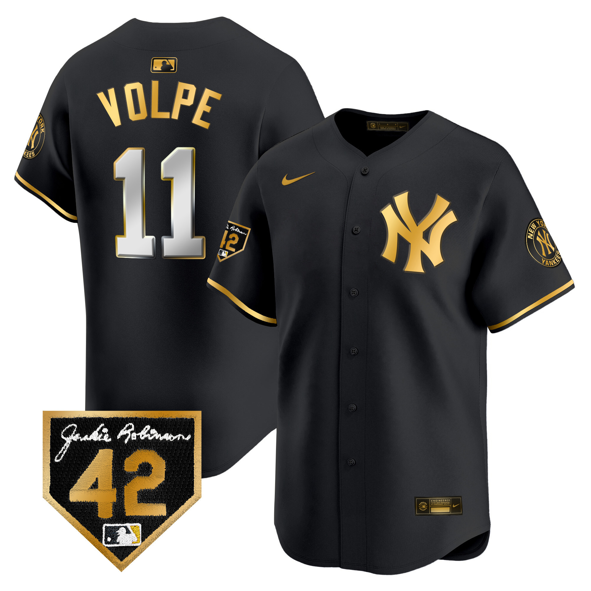 Anthony Volpe Men's New York Yankees 2024 Jackie Robinson Patch Vapor Premier Limited Black Gold Jersey - All Stitched