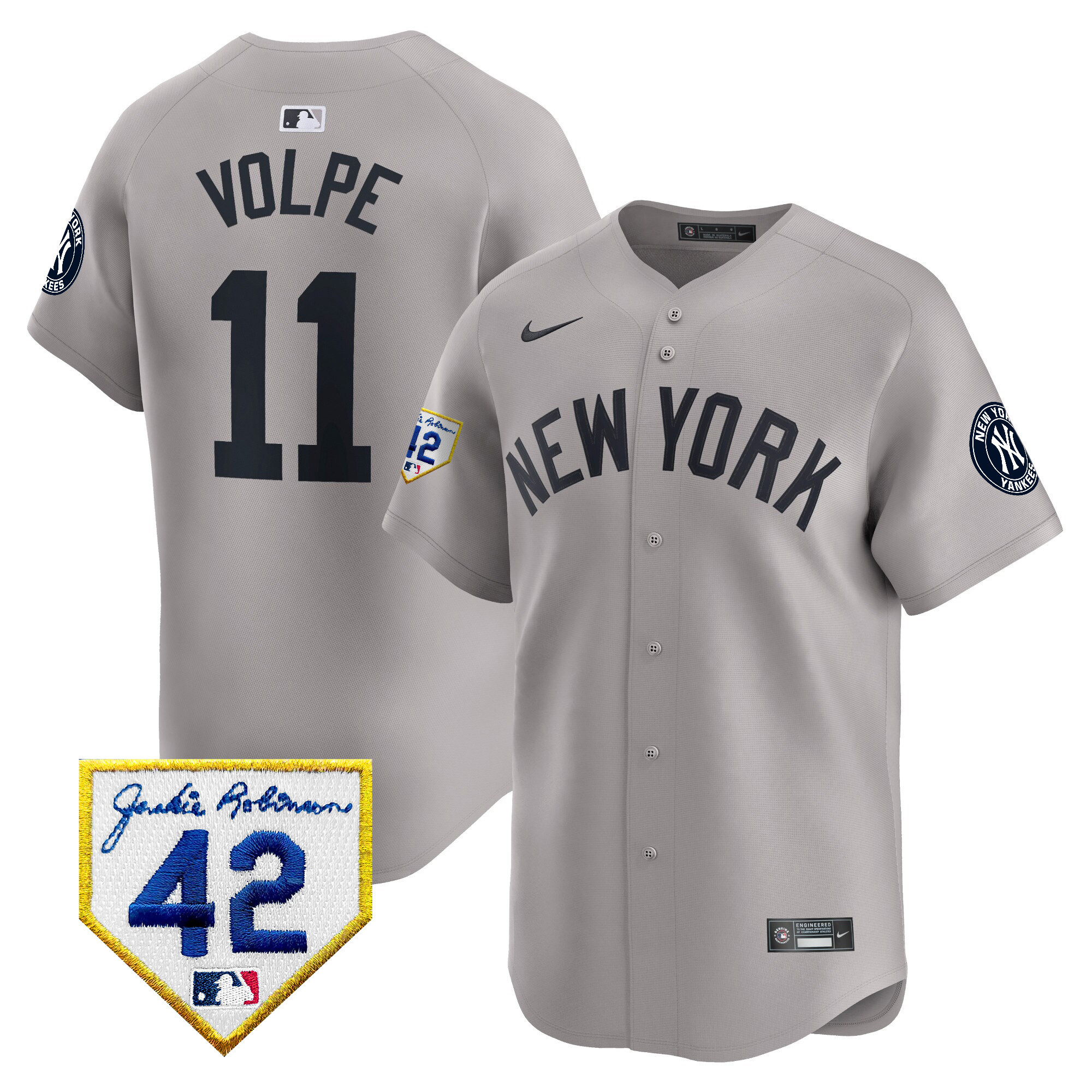 Anthony Volpe Men's New York Yankees 2024 Jackie Robinson Patch Vapor Premier Limited Gray Jersey - All Stitched