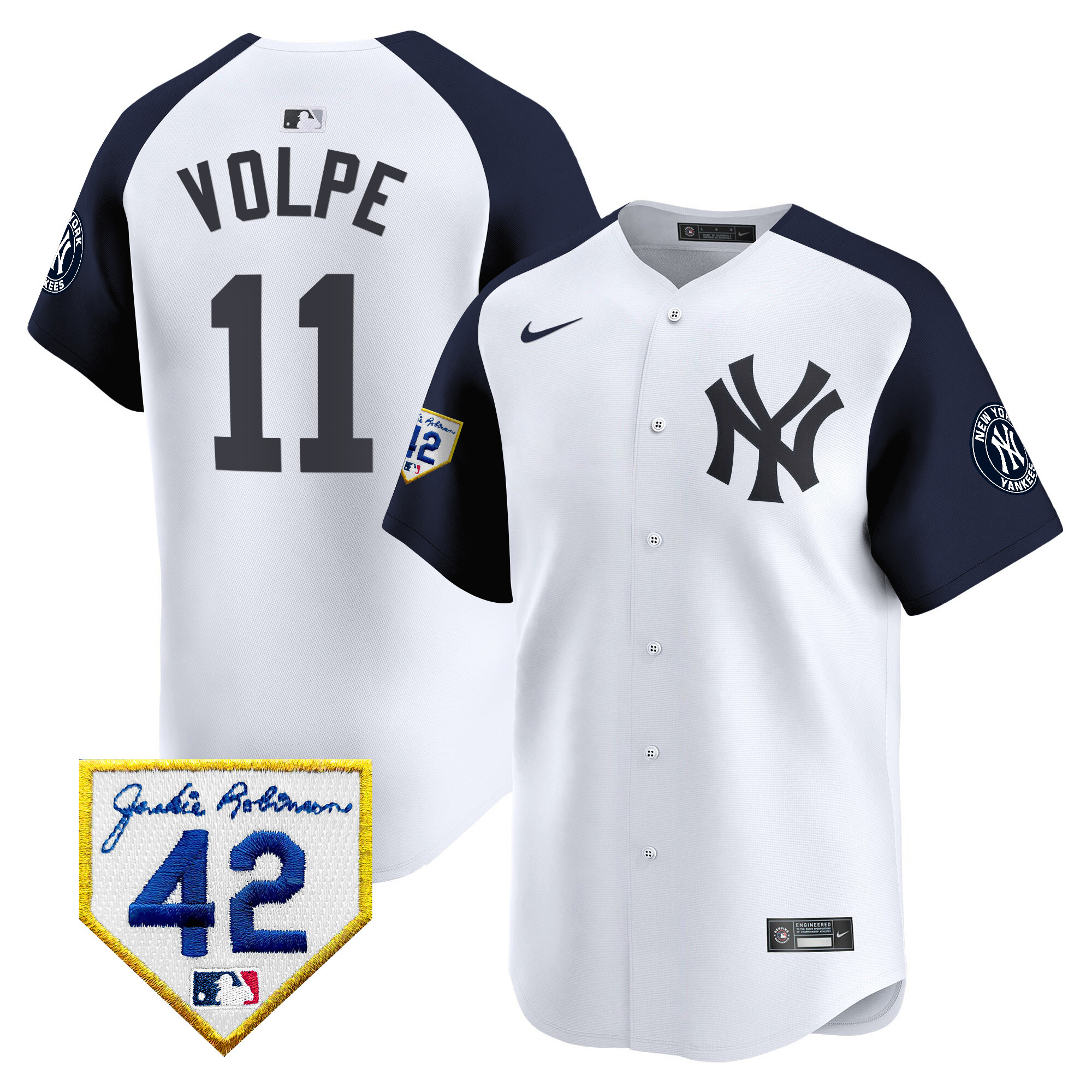 Anthony Volpe Men's New York Yankees 2024 Jackie Robinson Patch Vapor Premier Limited White Alternate Jersey - All Stitched