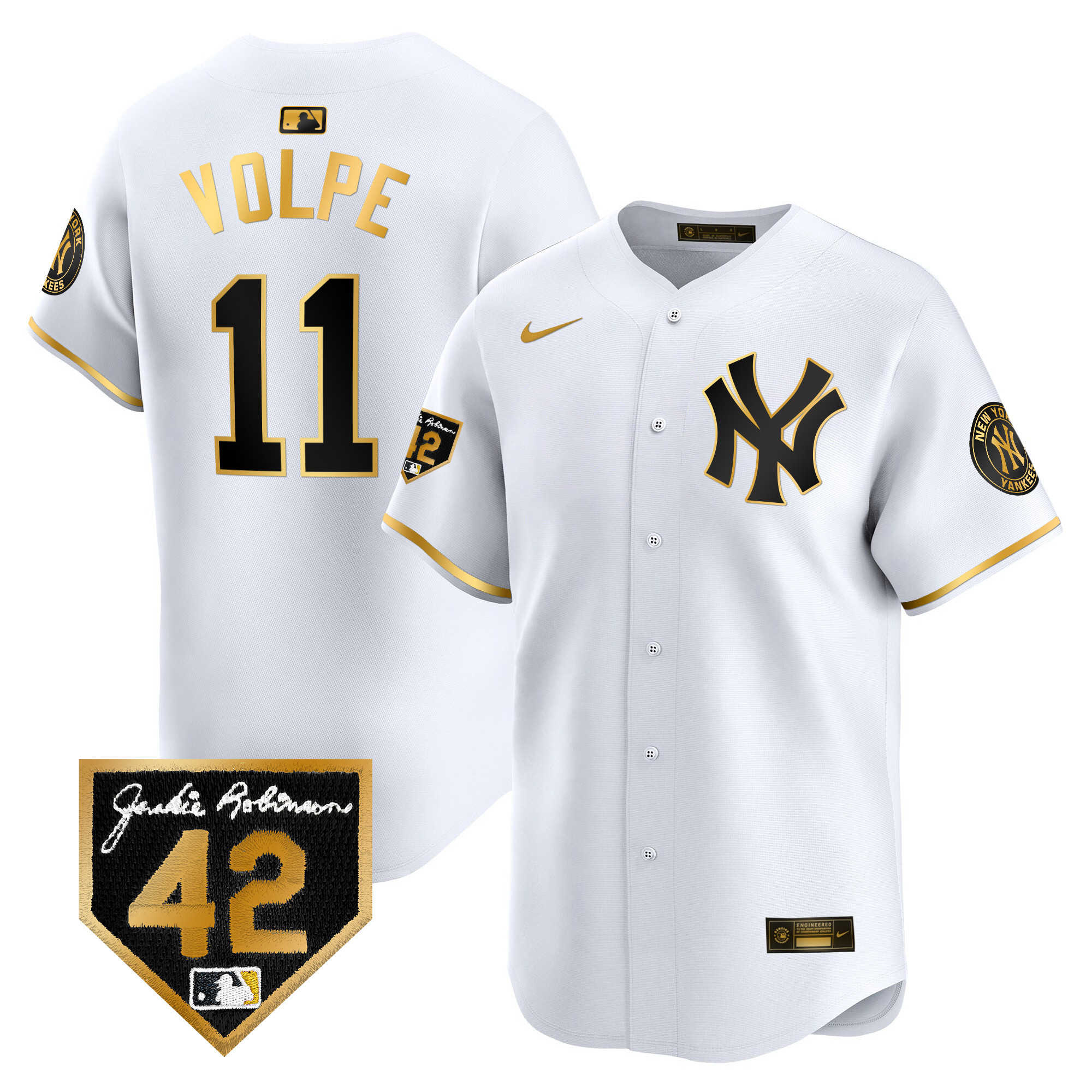 Anthony Volpe Men's New York Yankees 2024 Jackie Robinson Patch Vapor Premier Limited White Gold Jersey - All Stitched