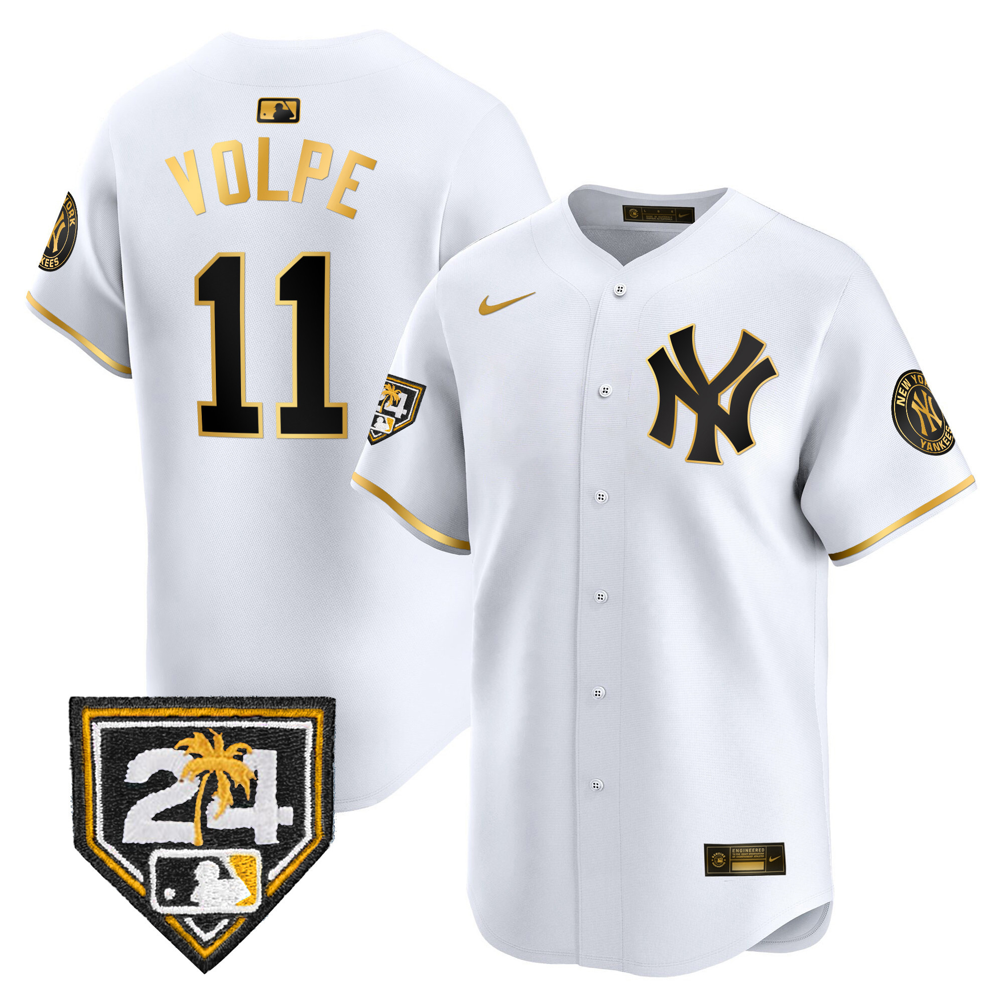 Anthony Volpe Men's New York Yankees 2024 Spring Training Patch Vapor Premier Limited V2 White Gold Jersey - All Stitched