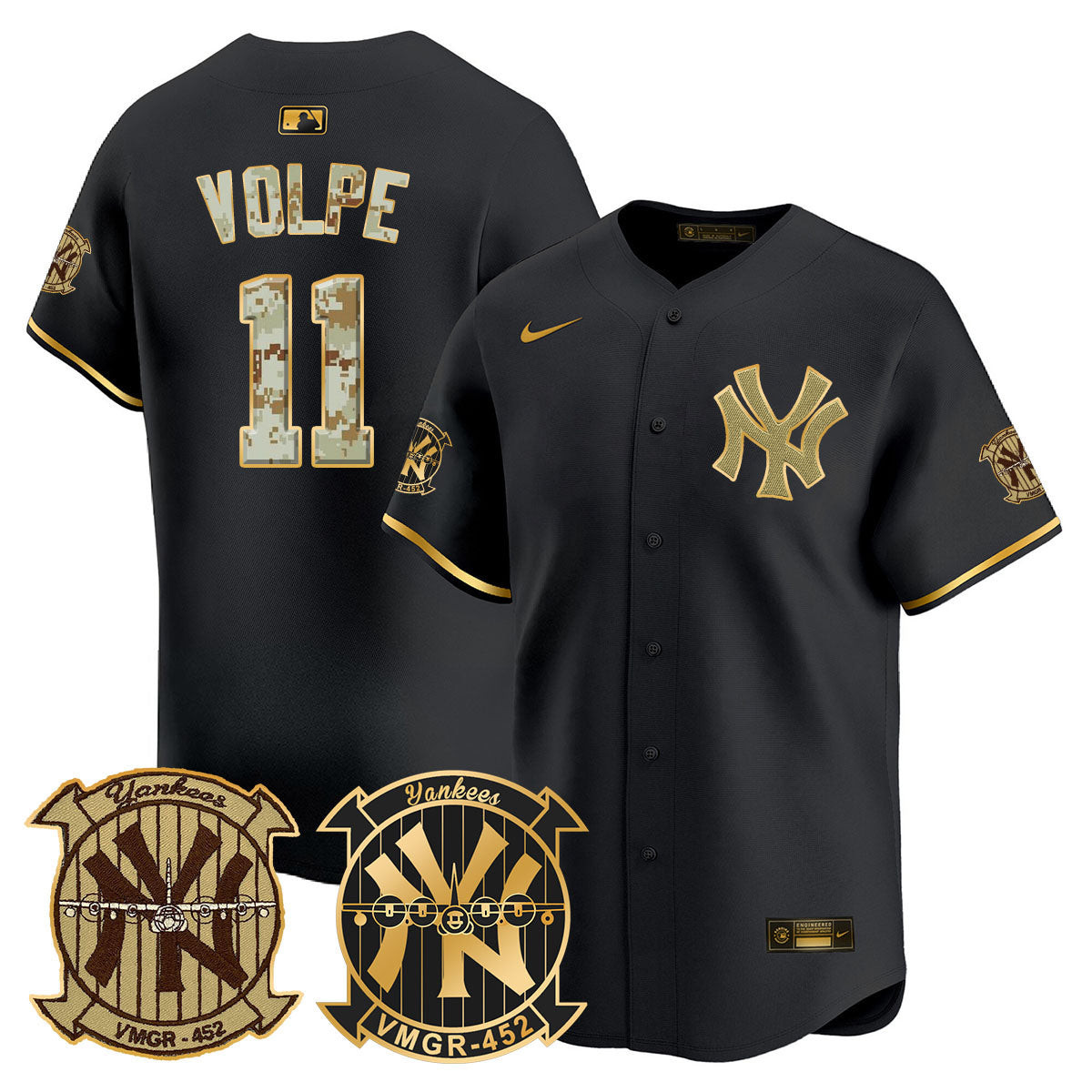 Anthony Volpe Men's New York Yankees Desert USMC Alternate Vapor Premier Limited Black Gold Jersey - All Stitched