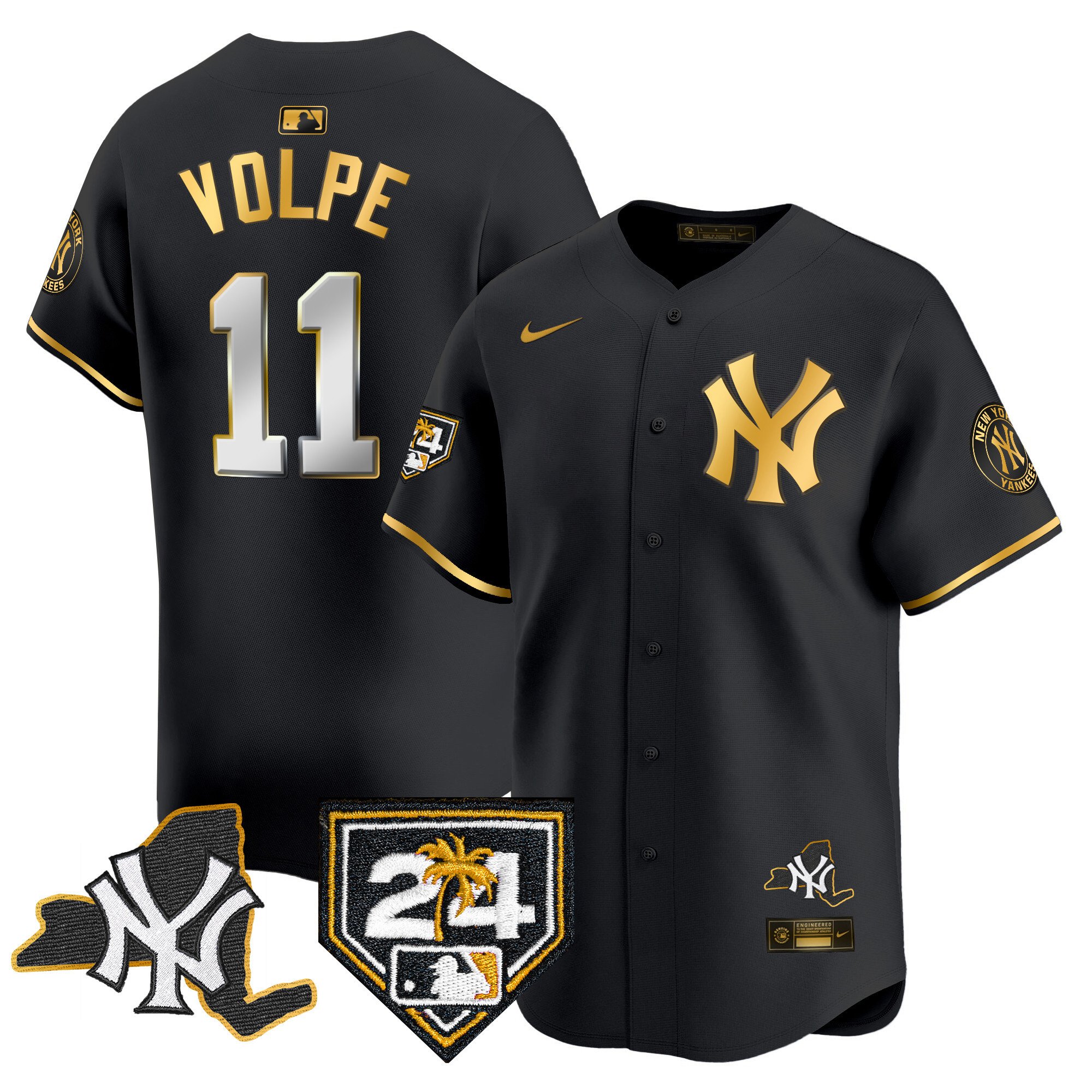 Anthony Volpe Men's New York Yankees Vapor Premier Limited - New York Patch Black Gold Jersey - All Stitched
