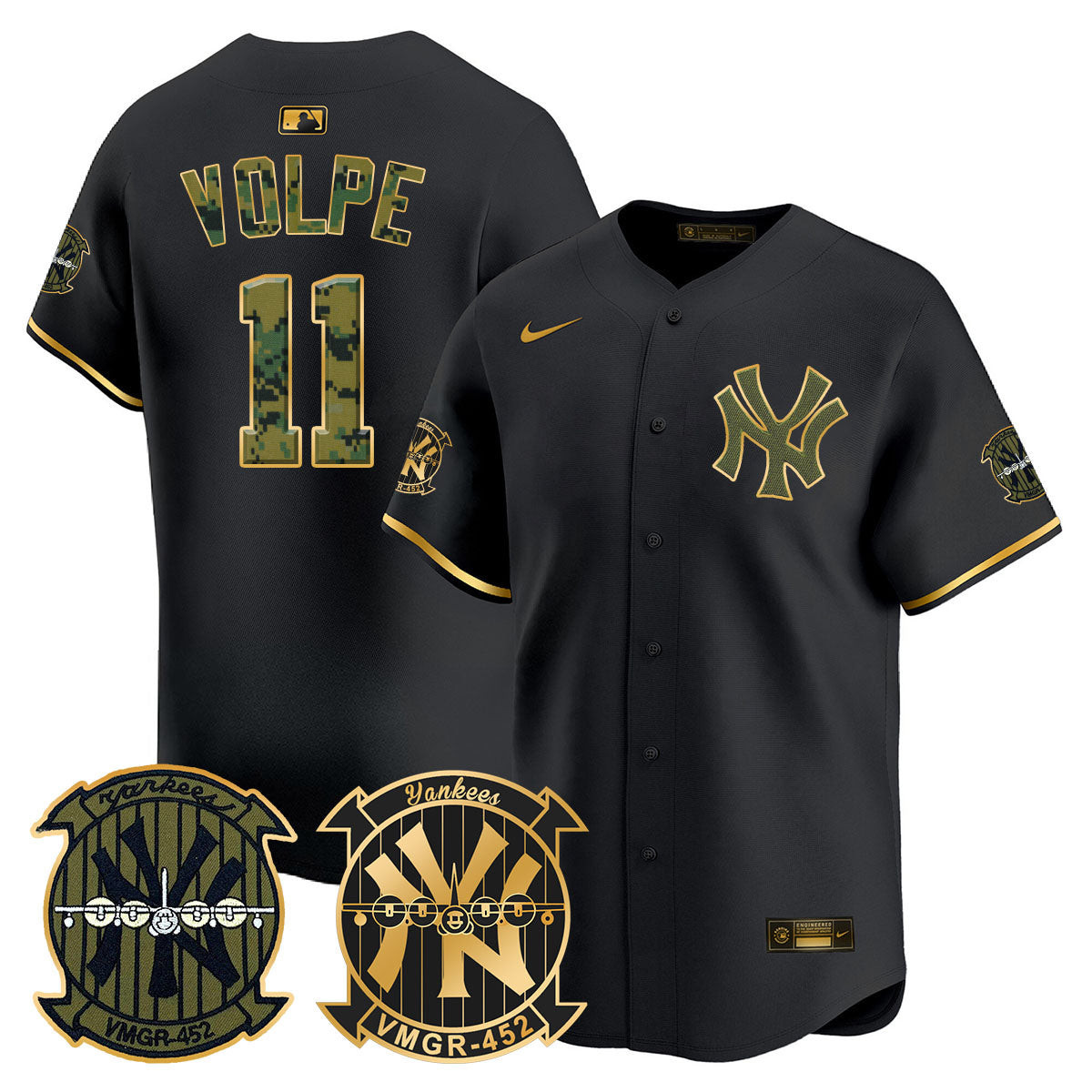Anthony Volpe Men's New York Yankees Woodland USMC Alternate Vapor Premier Limited Black Gold Jersey - All Stitched