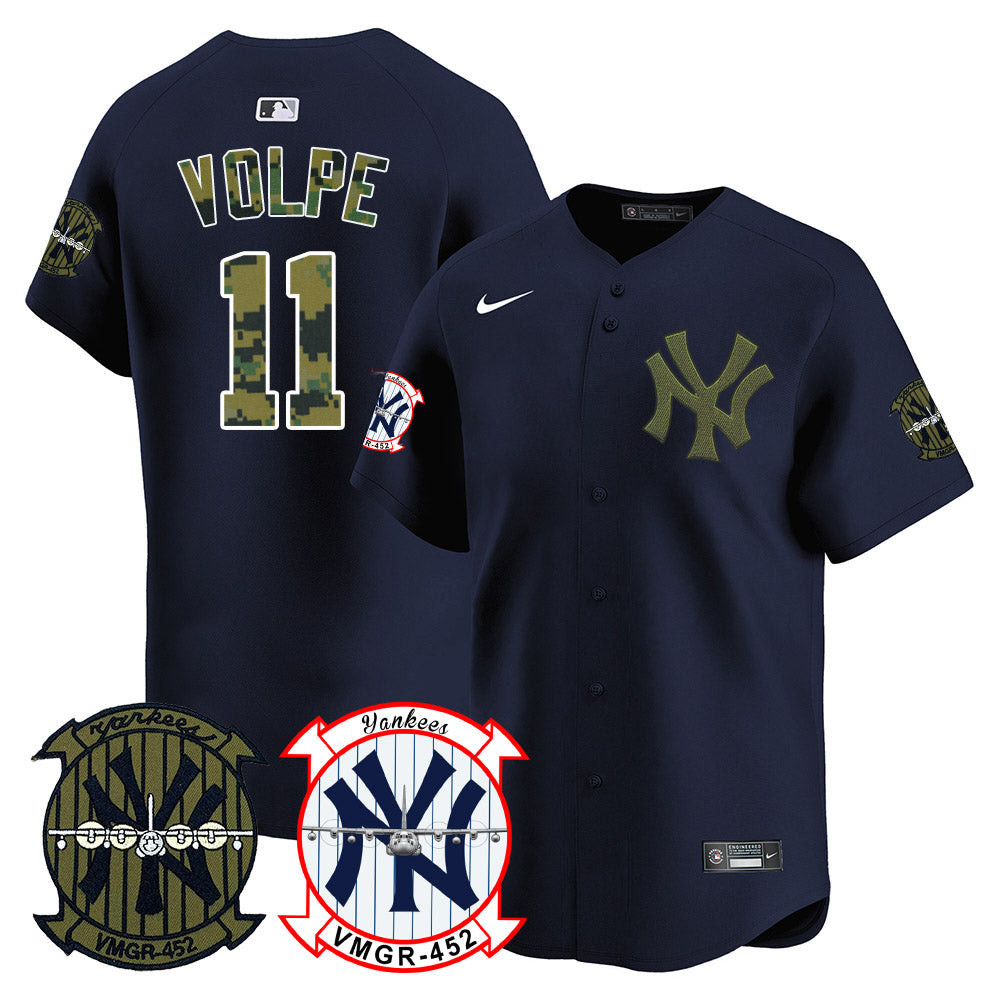 Anthony Volpe Men's New York Yankees Woodland USMC Alternate Vapor Premier Limited Navy Jersey - All Stitched