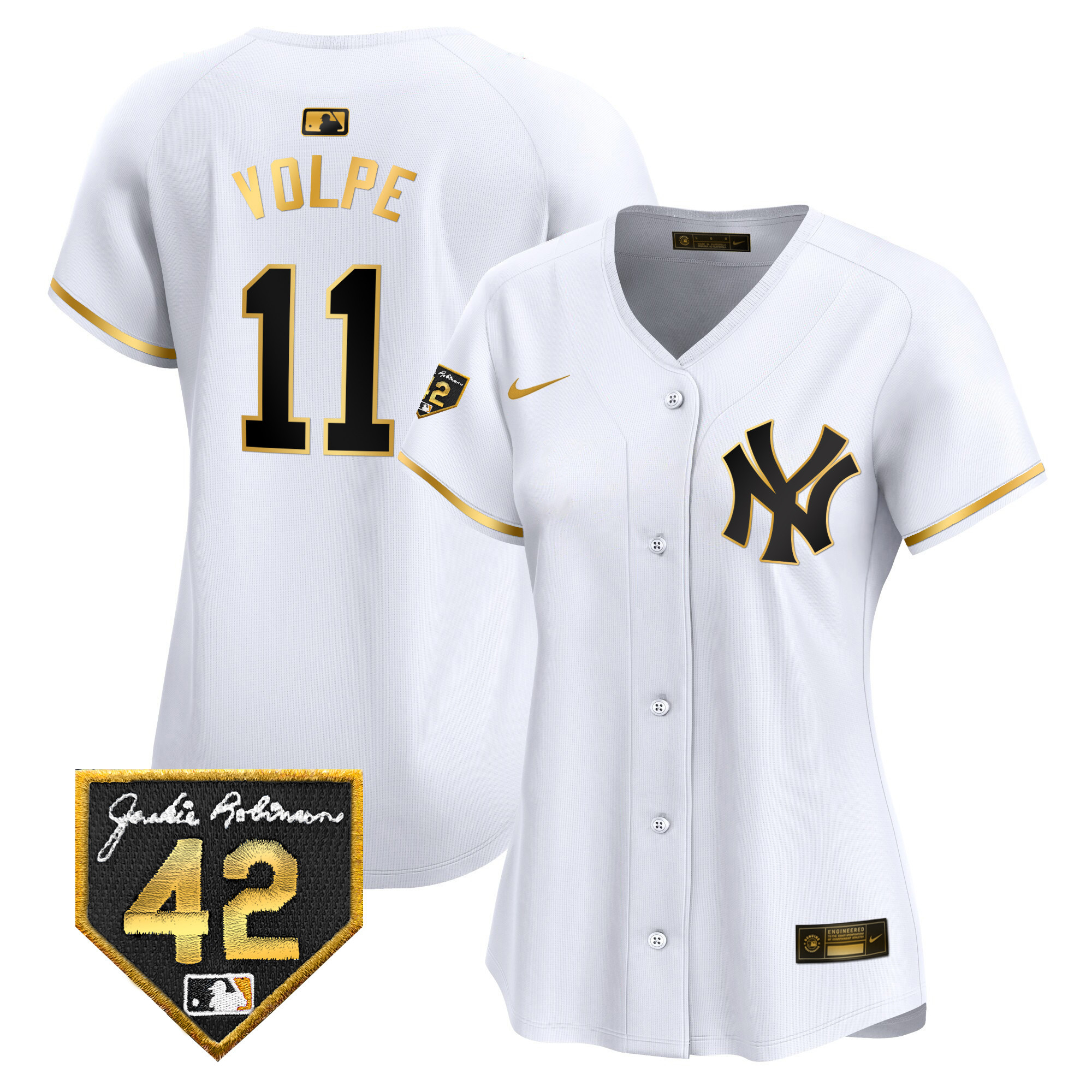 Anthony Volpe Women's New York Yankees 2024 Jackie Robinson Patch Vapor Premier Limited White Gold Jersey - All Stitched