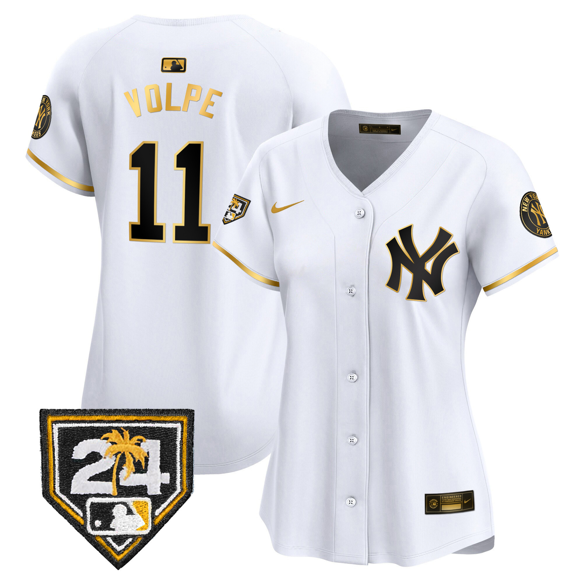 Anthony Volpe Women's New York Yankees 2024 Spring Training Patch Vapor Premier Limited V2 White Gold Jersey - All Stitched