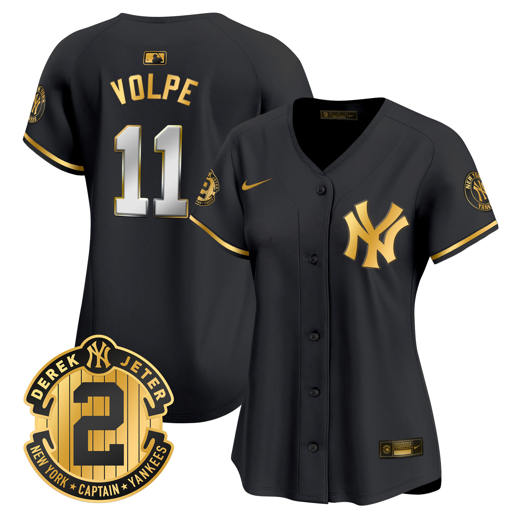 Anthony Volpe Women's New York Yankees Derek Jeter Patch Vapor Premier Limited Black Gold Jersey - All Stitched