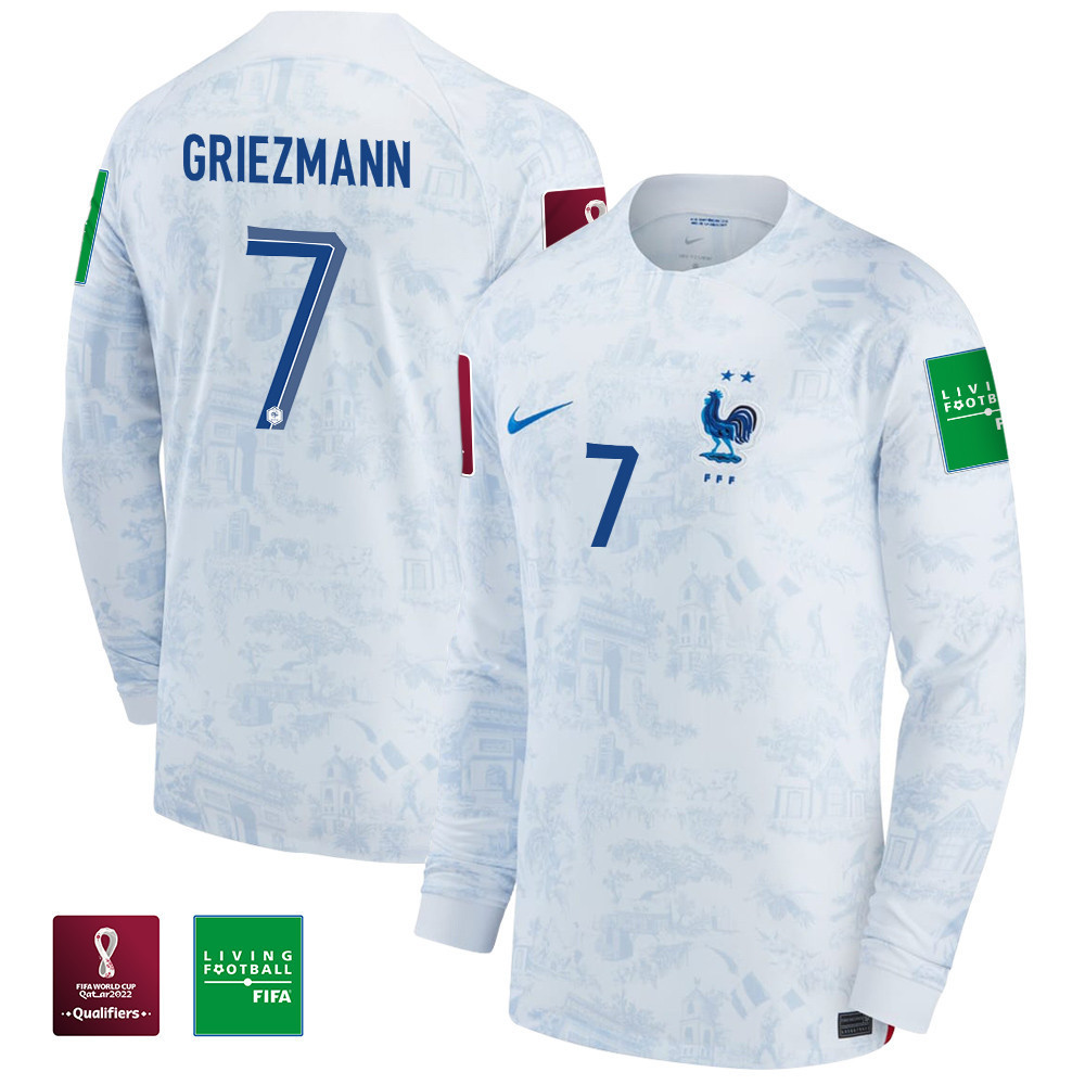 Antoine Griezmann 7 France National Team FIFA World Cup Qatar 2022 Patch – Men Away Long Sleeve Soccer Jersey