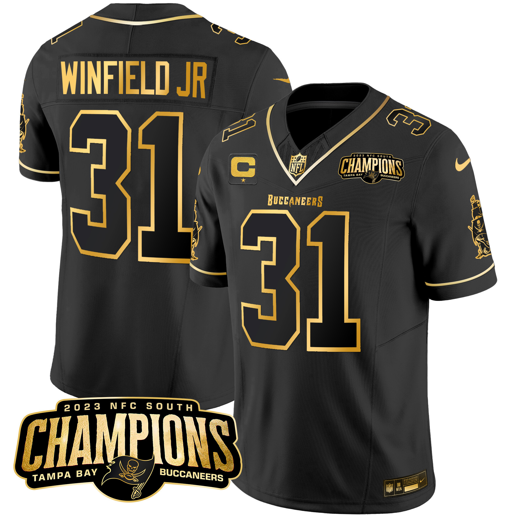 Antoine Winfield Jr. Men's Tampa Bay Buccaneers 2023 NFC South Champions Patch Gold Vapor Black Gold Jersey - All Stitched 