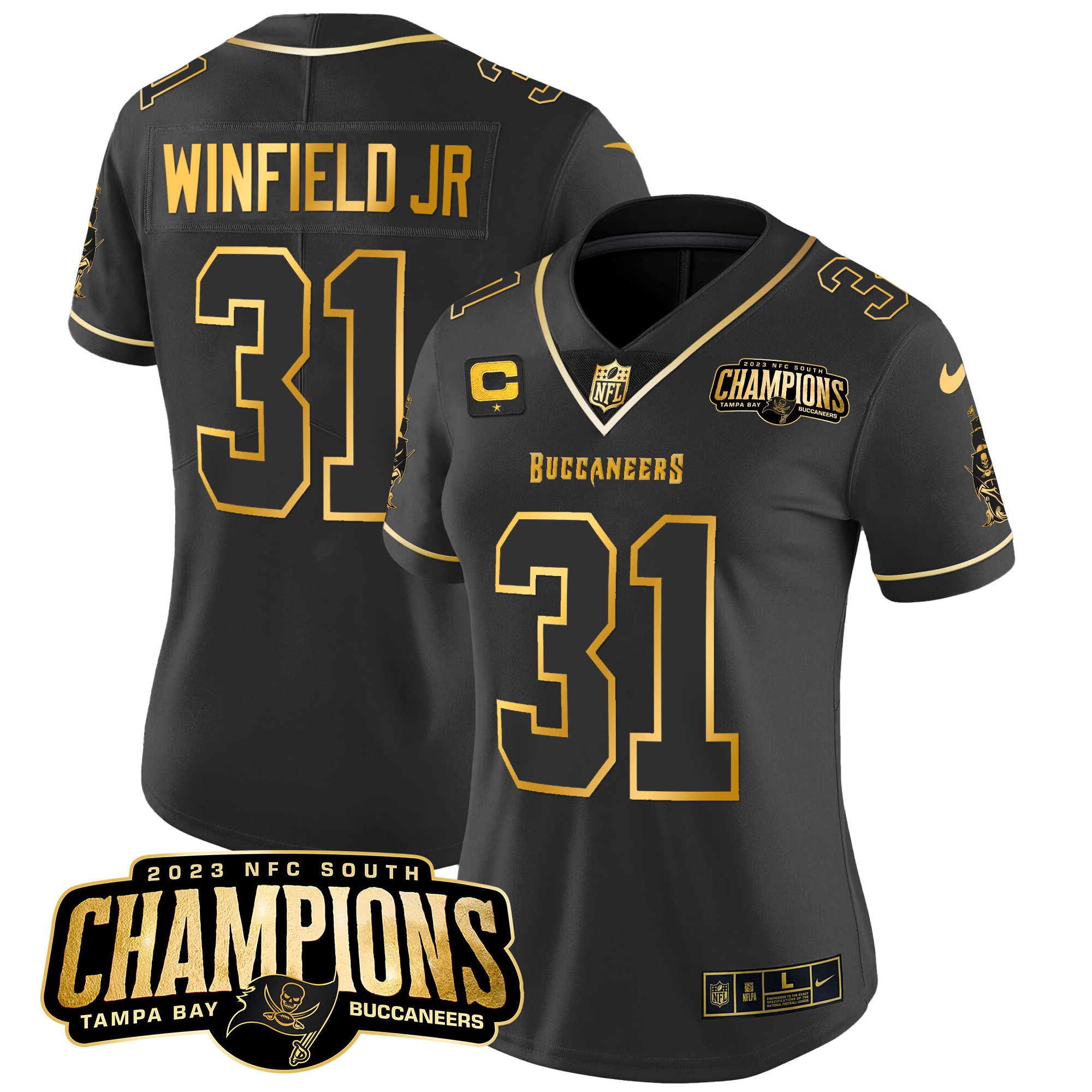 Antoine Winfield Jr. Women's Tampa Bay Buccaneers 2023 NFC South Champions Patch Gold Vapor Black Gold Jersey - All Stitched 