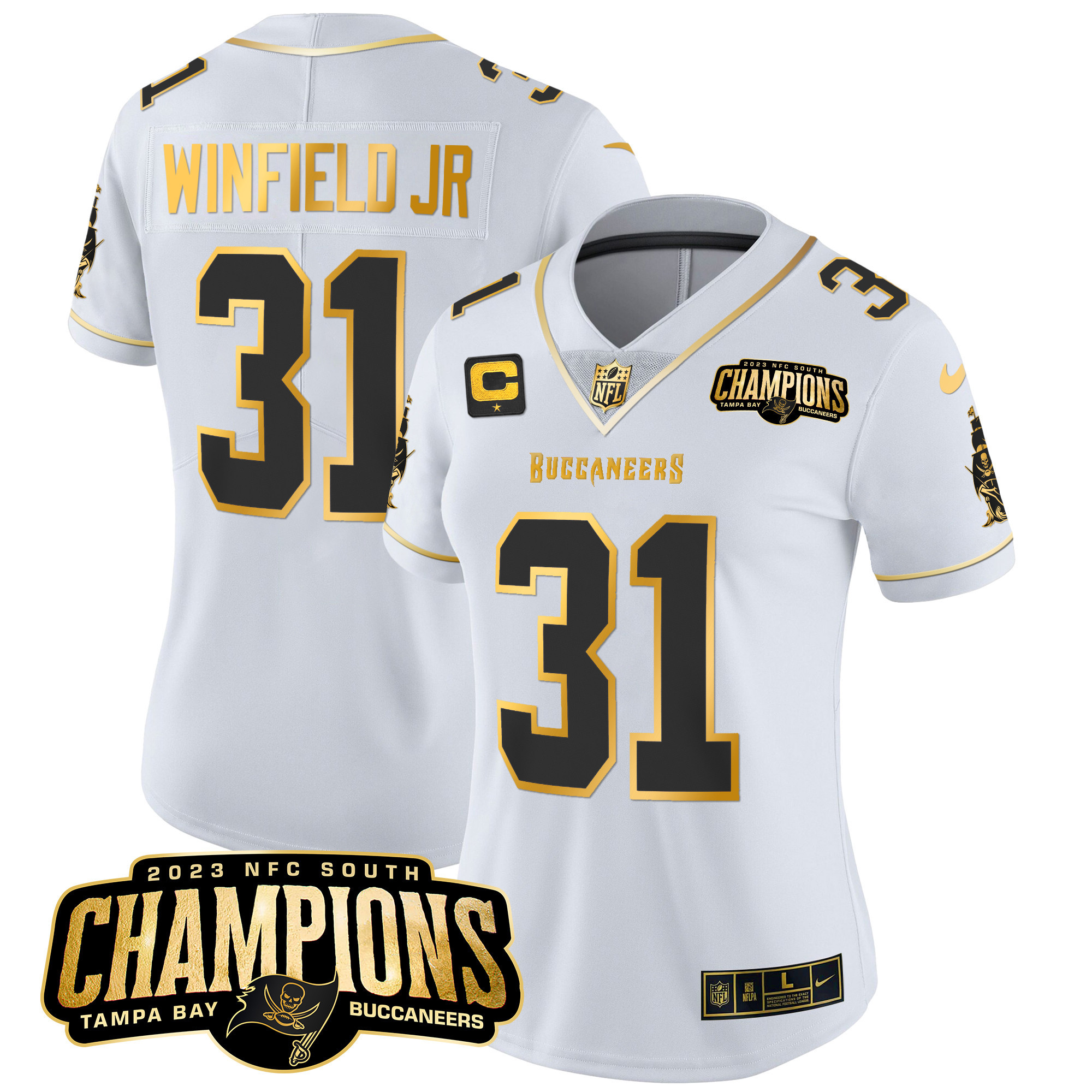 Antoine Winfield Jr. Women's Tampa Bay Buccaneers 2023 NFC South Champions Patch Gold Vapor White Gold Jersey - All Stitched 