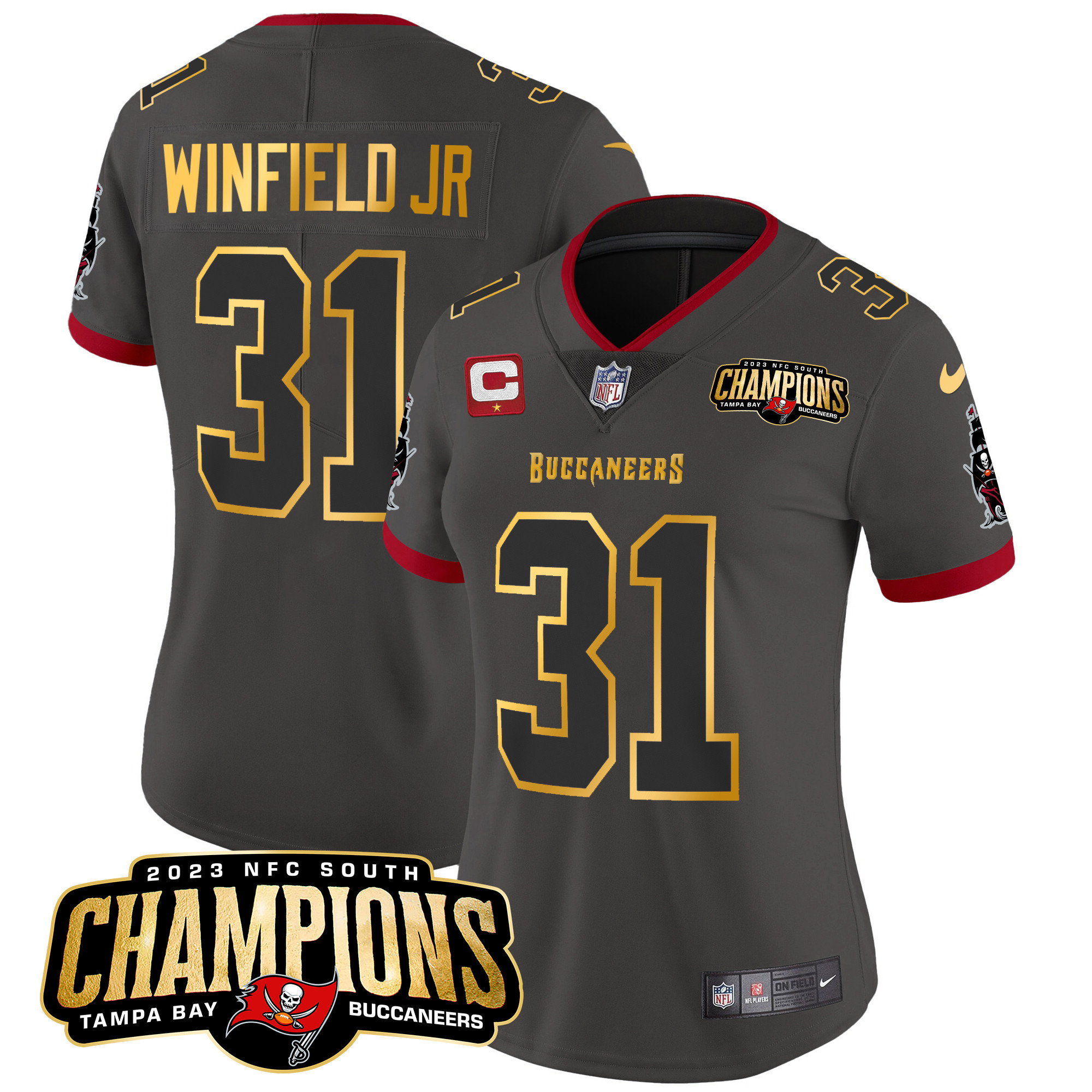 Antoine Winfield Jr Women's Tampa Bay Buccaneers 2023 NFC South Champions Patch Gold Trim Vapor Pewter Jersey - All Stitched 