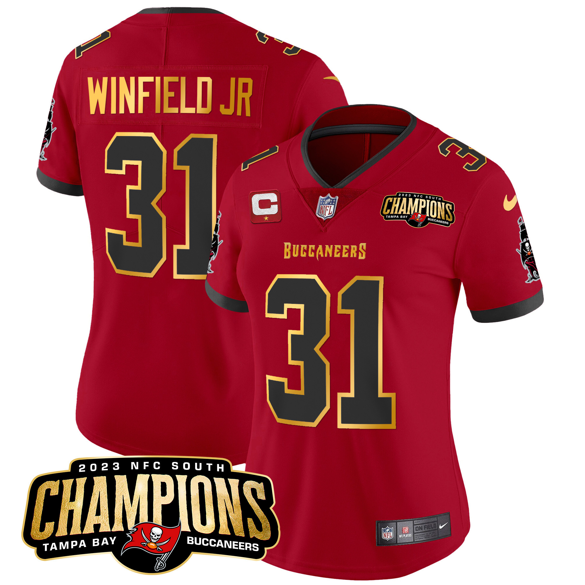 Antoine Winfield Jr Women's Tampa Bay Buccaneers 2023 NFC South Champions Patch Gold Trim Vapor Red Jersey - All Stitched 
