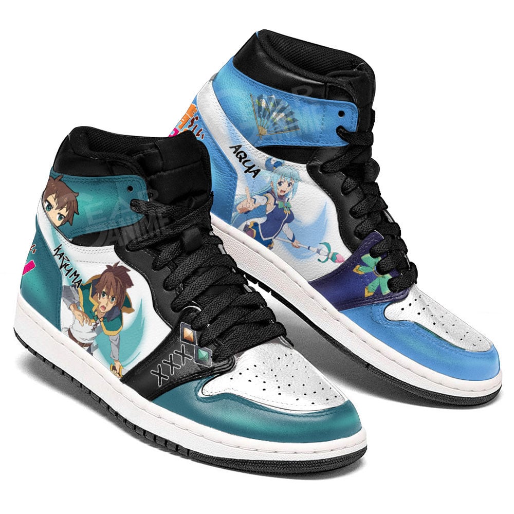 Aqua and Kazuma Satou JD1s Sneakers KonoSuba Anime Shoes, Air Jordan Hightop