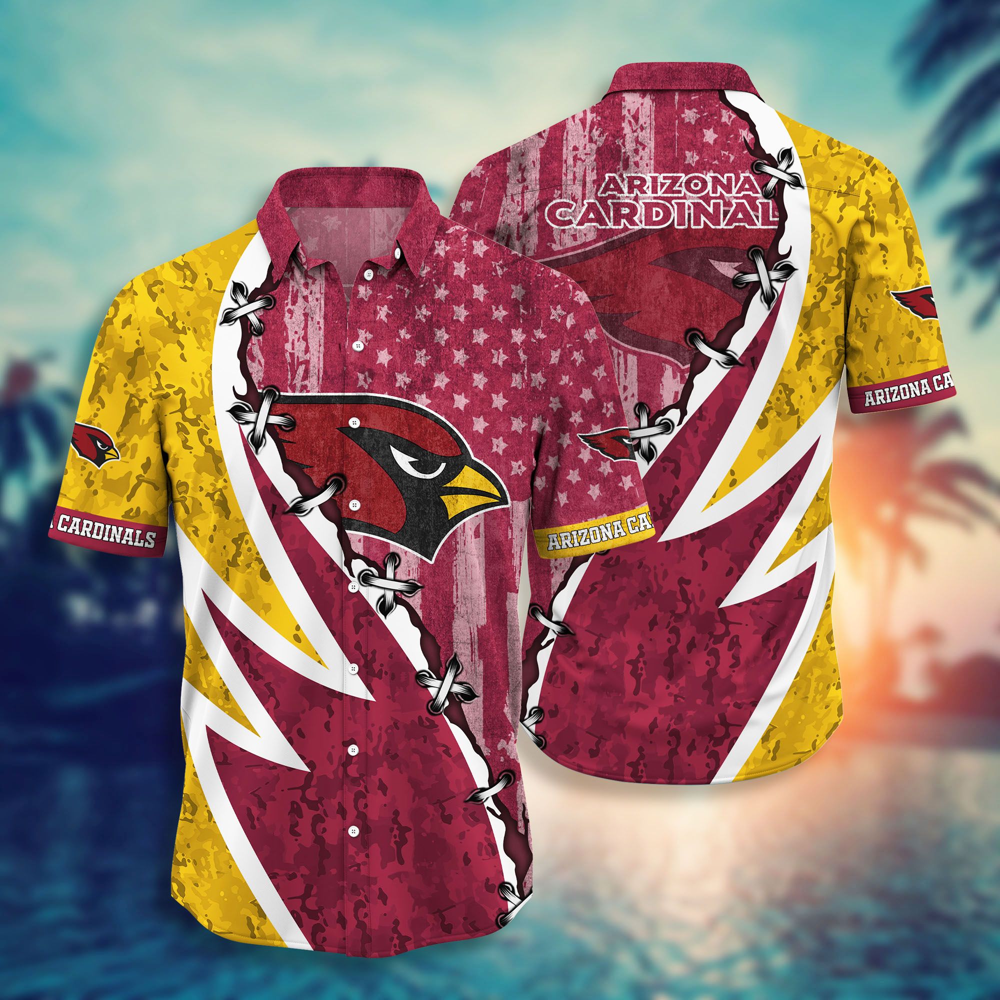 Arizona Cardinals Camo and Flag American Hawaiian Shirt