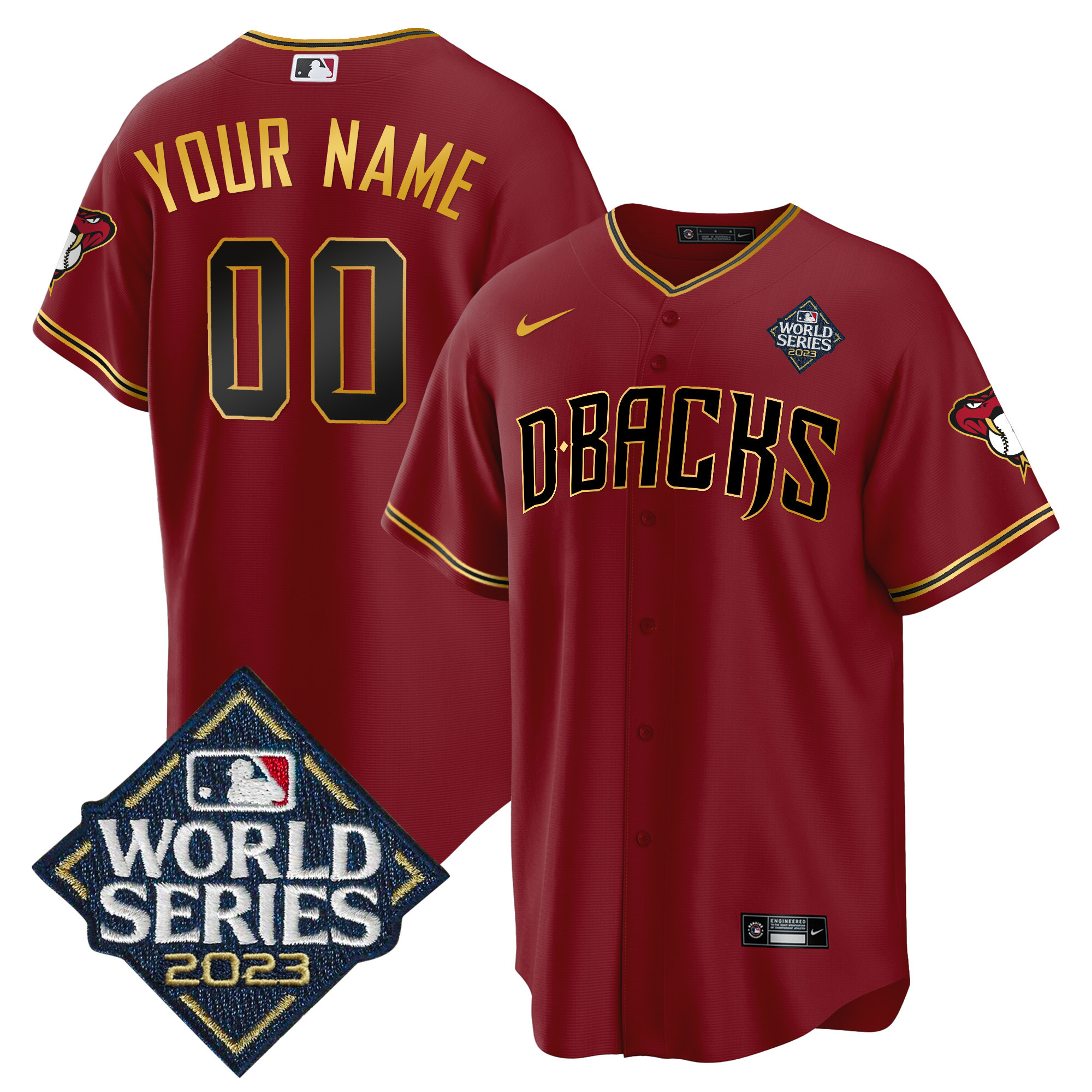 Arizona Diamondbacks 2023 World Series Cool Base Gold Custom V2 Crimson Gold Jersey - All Stitched