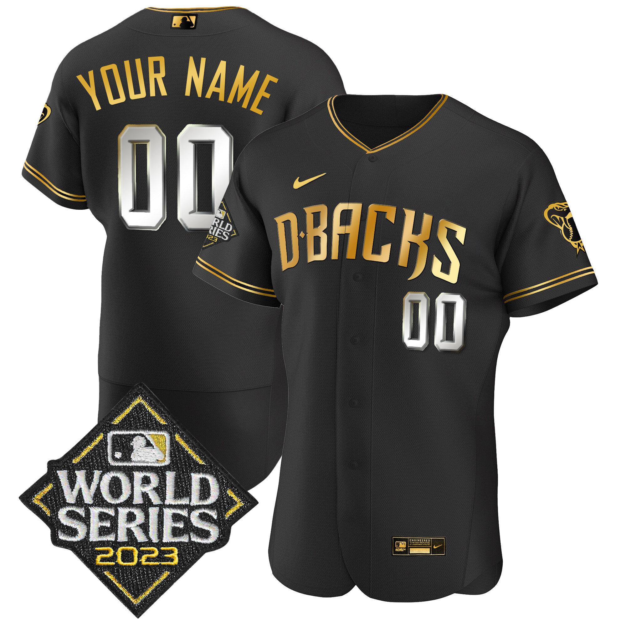 Arizona Diamondbacks 2023 World Series Flex Base Gold Custom Black Limited Jersey - All Stitched