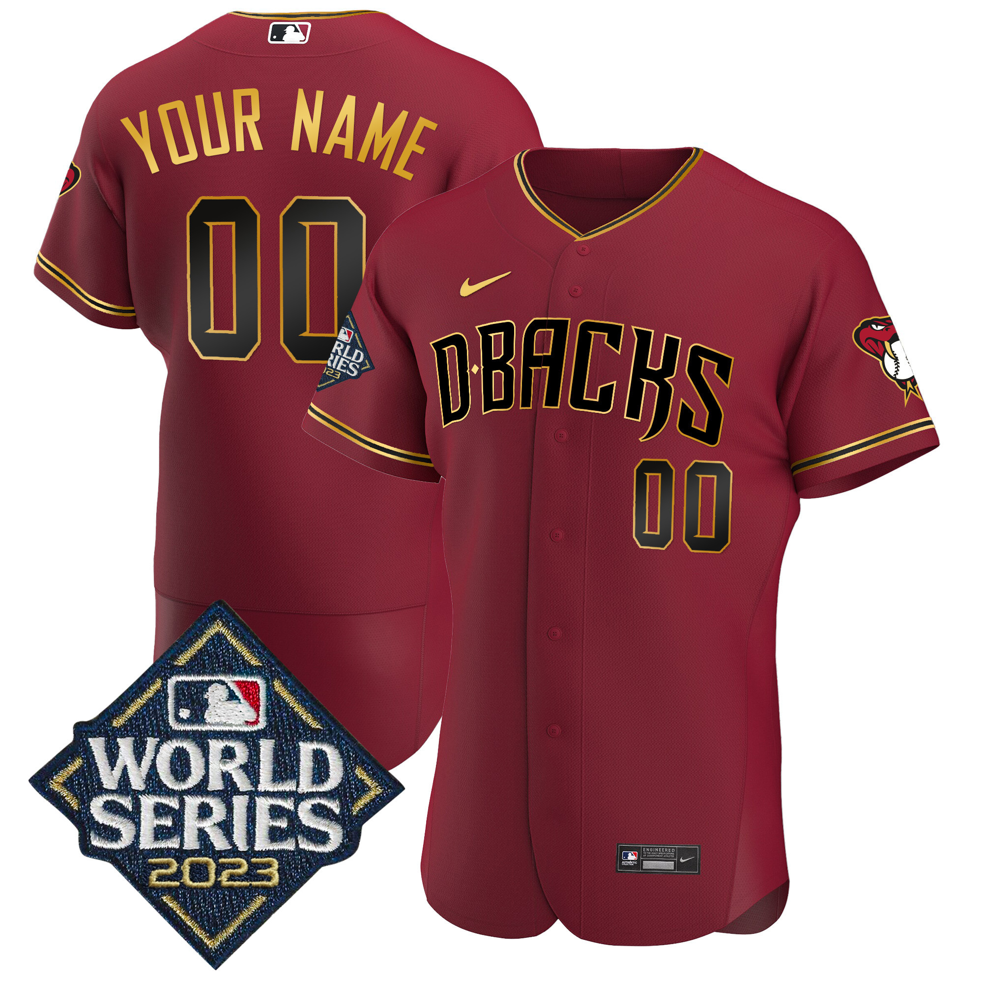 Arizona Diamondbacks 2023 World Series Flex Base Gold Custom Crimson Gold Jersey - All Stitched